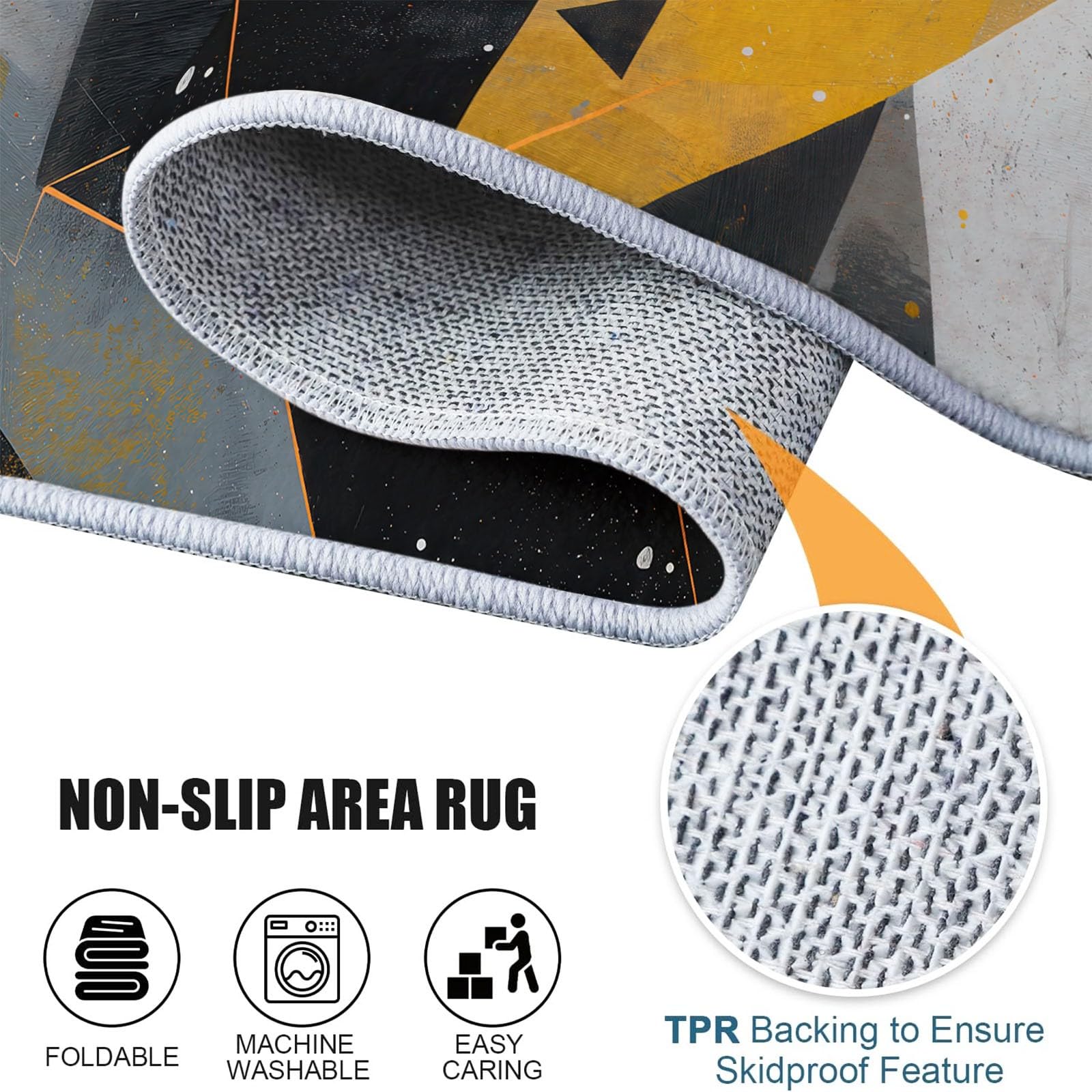 Tappeto rotondo geometrico astratto 120 cm, tappeto lavabile in lavatrice per soggiorno, antiscivolo, stampa triangoli maculati moderni per soggiorno industriale, nero dorato