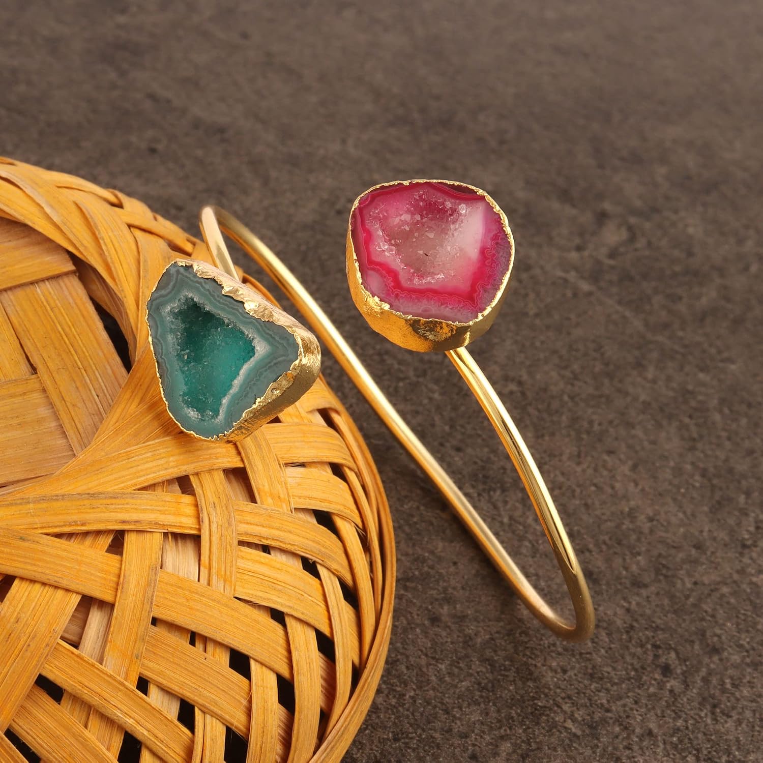 Guntaas Gems Gemstone Geode Druzy Jewelry Brass Gold Plated Adjustable Bangle