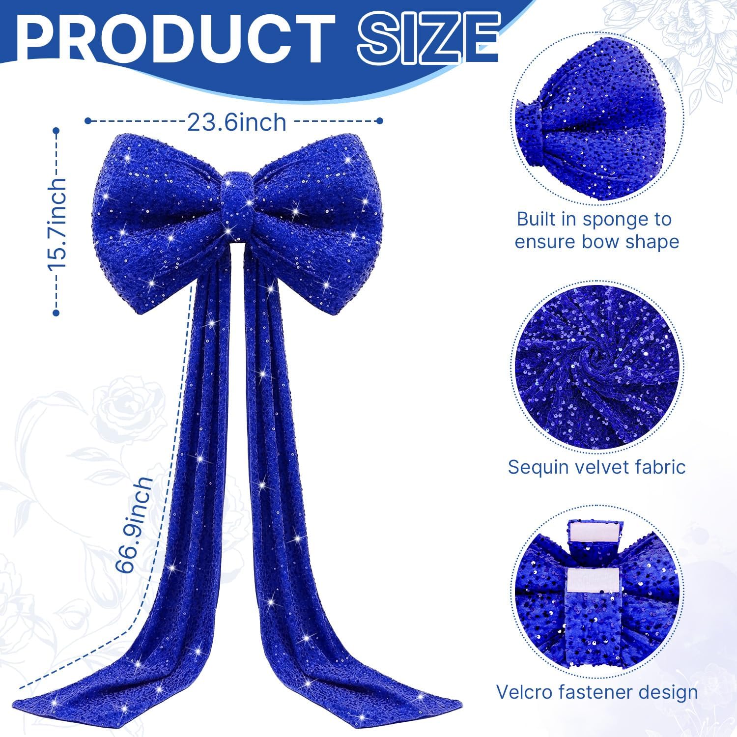Giant Bow Decoration, 75x23 Inch Royal Blue Bows Room Decor with Long Ribbon, Sparkly Velvet Big Bow Wall Decorations Extra Large Bows for Bedroom Themed Party Baby Shower Wedding Supplies
