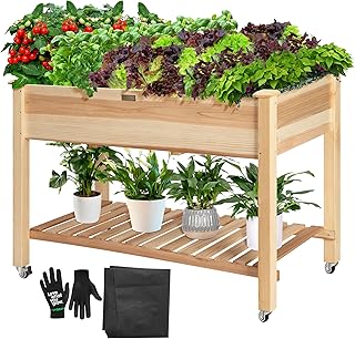 VIVOSUN Elevated Wooden Raised Garden Bed, 46 x 24 x 32 Inches, Mobile Outdoor Planter Box with Storage Shelf and Protective Liner for Outdoor Use, with Lockable Wheels
