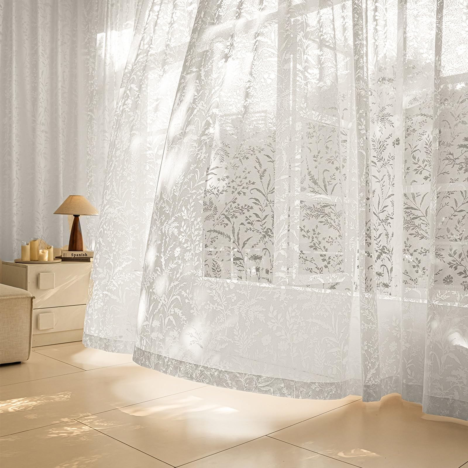 White Floral Lace Net Curtains, Jacquard Sheer Voiles with Botanical Leaf Pattern, 95 inch Drop, Cutout Leaves Voile Panels, Rod Pocket Light Filtering Privacy for Living Room Bedroom Cafe Decor
