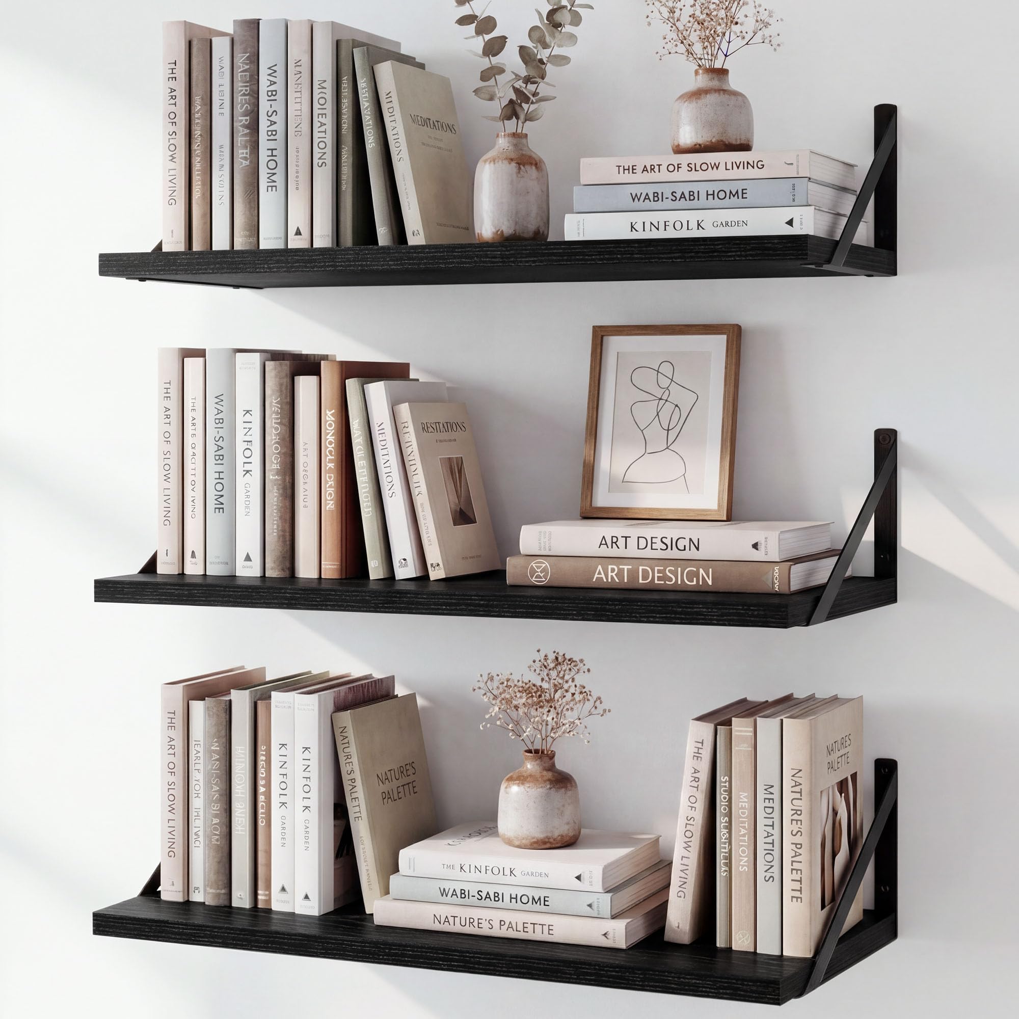 Fun Memories Floating Bookshelves, Set of 3 Wall-Mounted Wood Shelves 60 x 20 CM, Decorative Wall Shelf for Living Room, Bedroom, Bathroom, and Laundry Room (Black)
