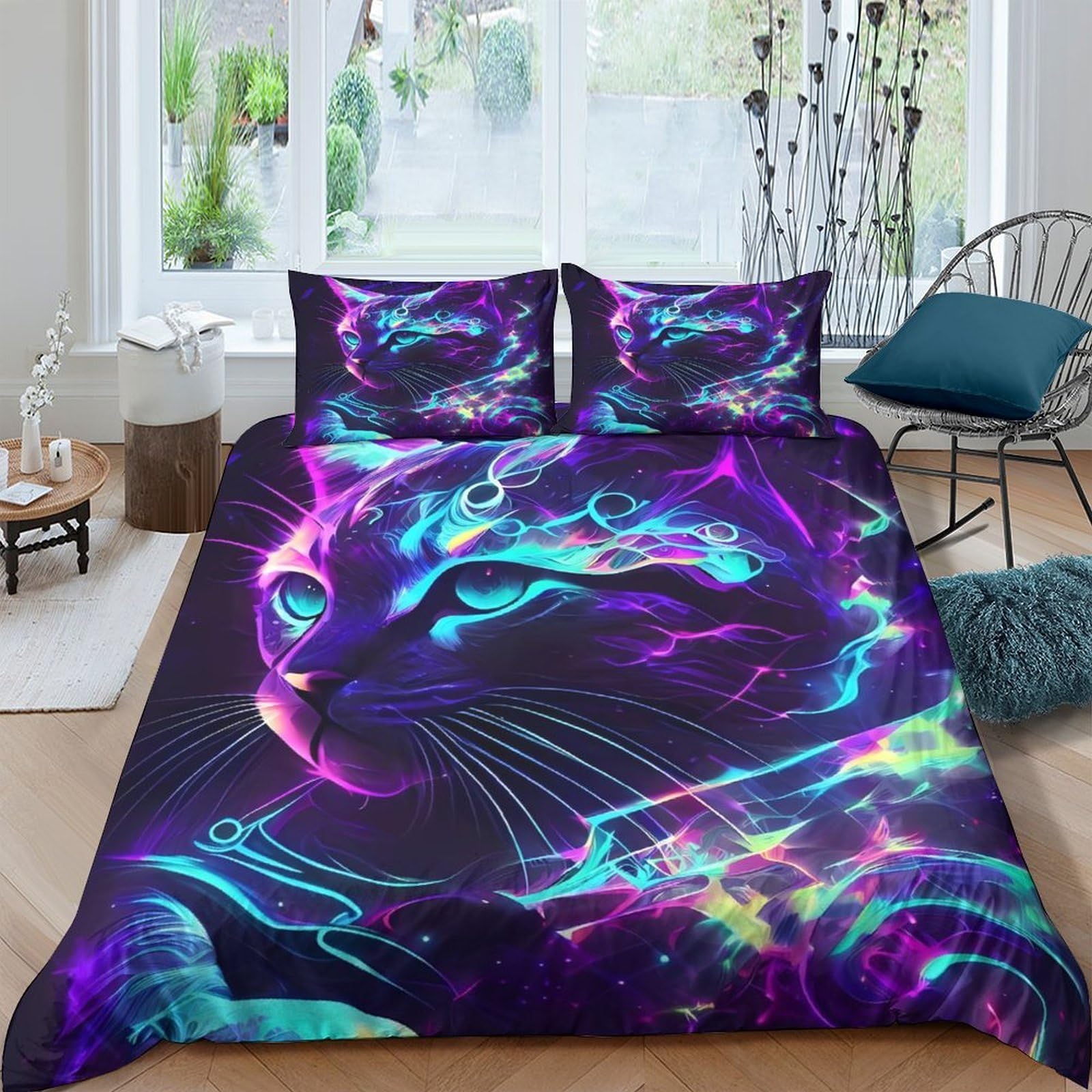 Ctjqhvkz Style-6 3D Printed Neon Cat Fitted Sheet Microfiber Soft Breathable Psychedelic Art Bed Cover For Bedroom Decor Single（135X200cm）