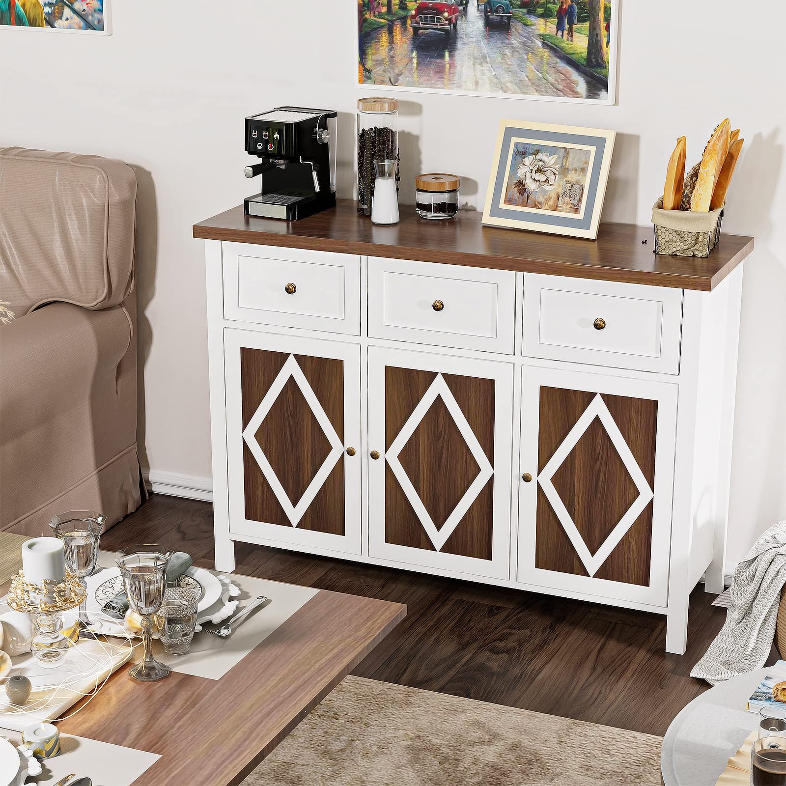 Sideboard Buffet Cabinet with Storage, Kitchen Cabinet with 3 Doors and 3 Adjustable Shelves and 3 Drawers, Buffet Server Bar for Dining Room, Living Room