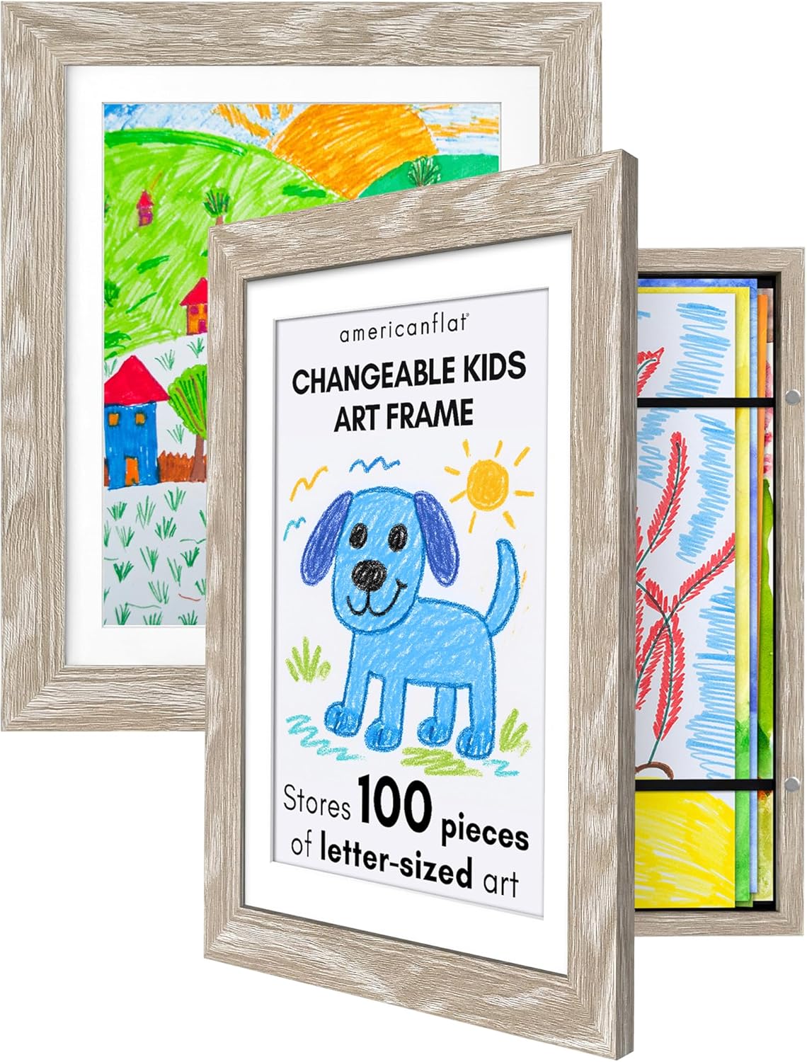 Americanflat - 2 Pack - Kids Artwork Frame Changeable (Driftwood) - Magnetic Door Holds 100 Art Pieces - 8.5x11 Letter Size Display with Mat or 10x12.5 Without Mat - My Mini Masterpiece