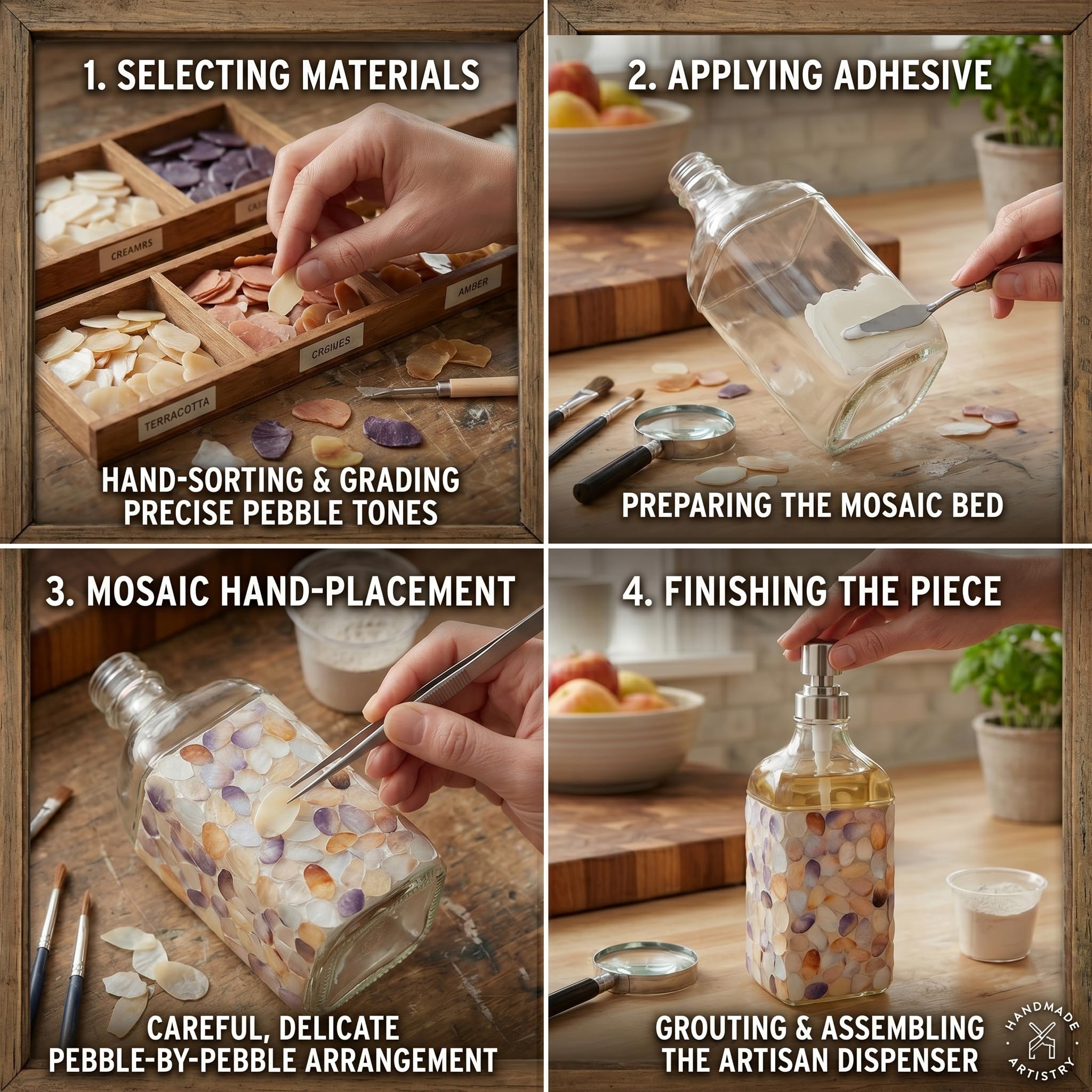BOPPIE Dispenser di sapone artigianale in vetro mosaico, moderno dispenser di sapone per mani e piatti, per bagno/cucina, bottiglia di sapone liquido ricaricabile con pompa antiruggine in acciaio
