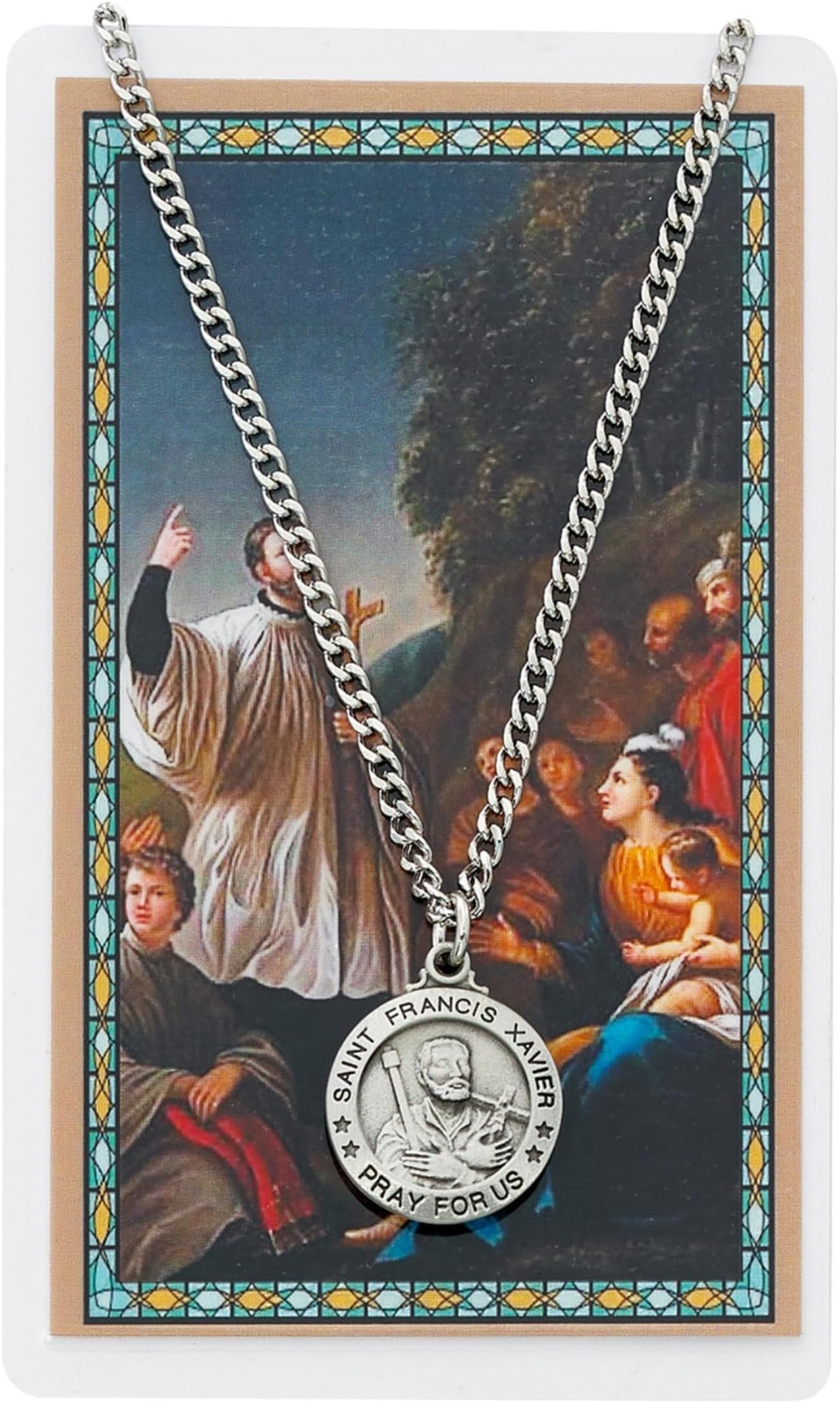 McVan St. Francis Xavier 3/4 Inch Pewter Medal Pendant with Prayer Card Catholic Patron Saint Necklace