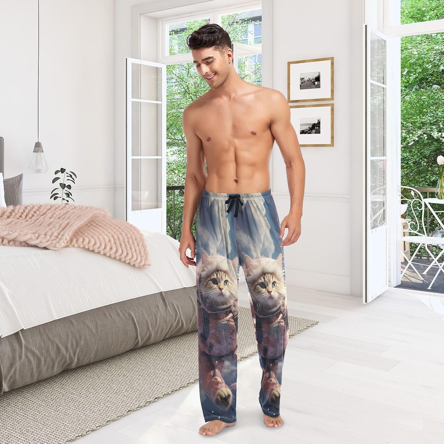 ALAZA Cat Astronaut Funny Men's Sleepwear Mens Pajama Pants Bottoms with Pockets, S