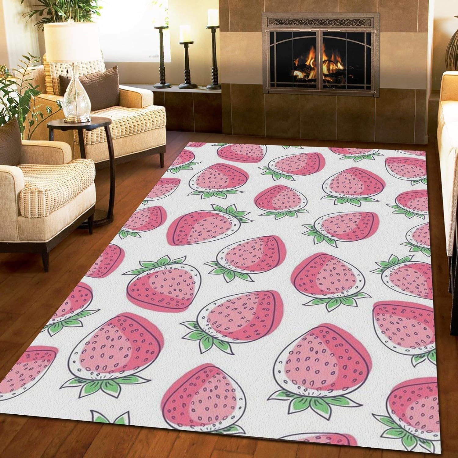 Pink Cartoon Strawberry Area Rug 2x3ft Modern Cute Girls Bedroom Rugs, Indoor Non-Slip Kids Rugs, Machine Washable Breathable Durable Carpet for Room Sofa Living Room Home Decor Floor Mats