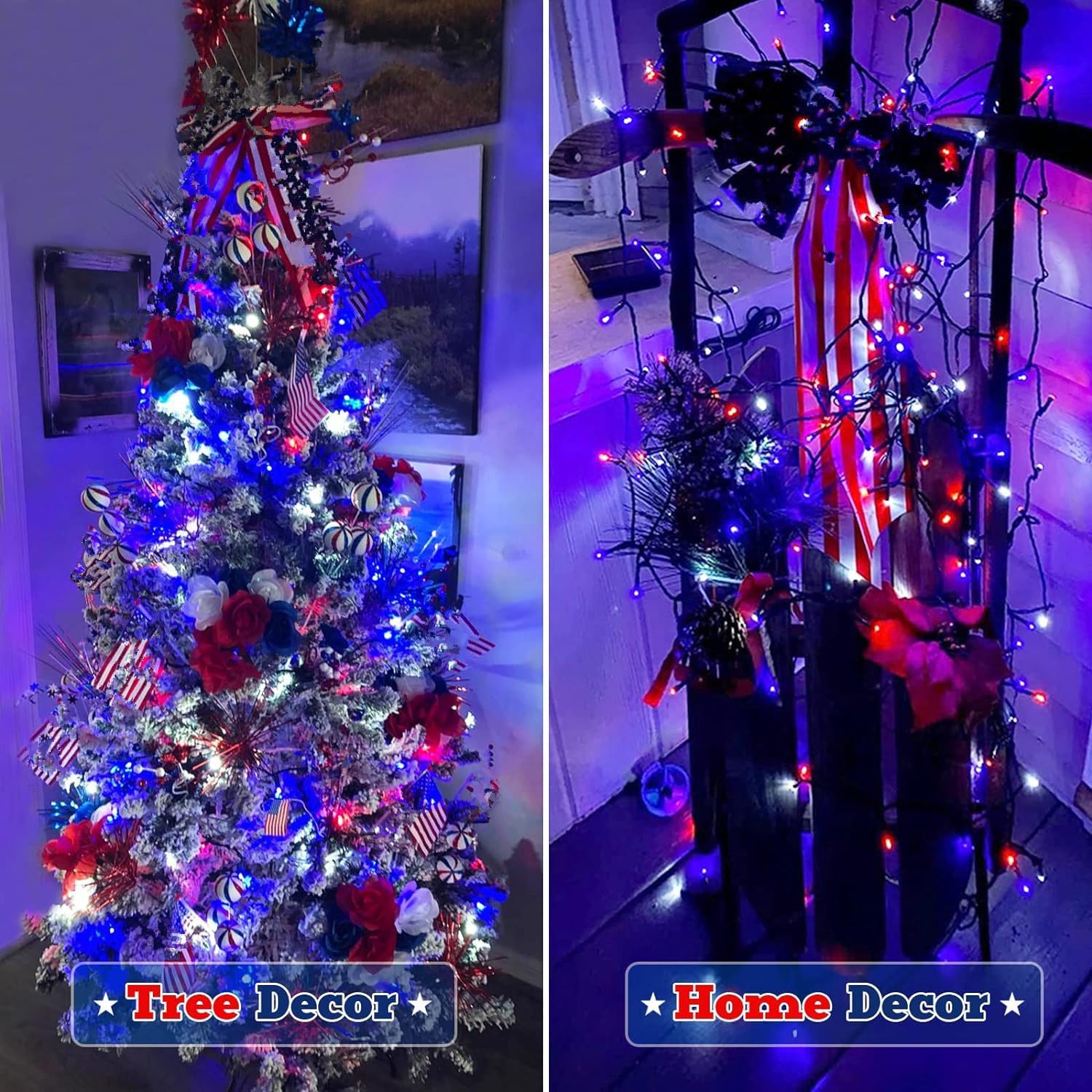 2 Pack Solar String Lights, 11M 60LED Solar Christmas Light String 8 Modes Fairy Waterproof Lights para la decoración de la boda del jardín de Navidad (Rojo + blanco + azul)