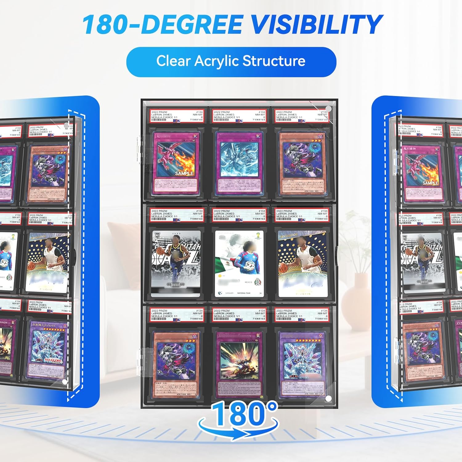 Tongmo Acrylic Card Display Case for 9 Graded Cards, Wall Mount Sports Card Display Frame with Magnetic Door, UV Protection Clear Baseball Football Basketball Card Holder (3-Tier 9-Card, Square)