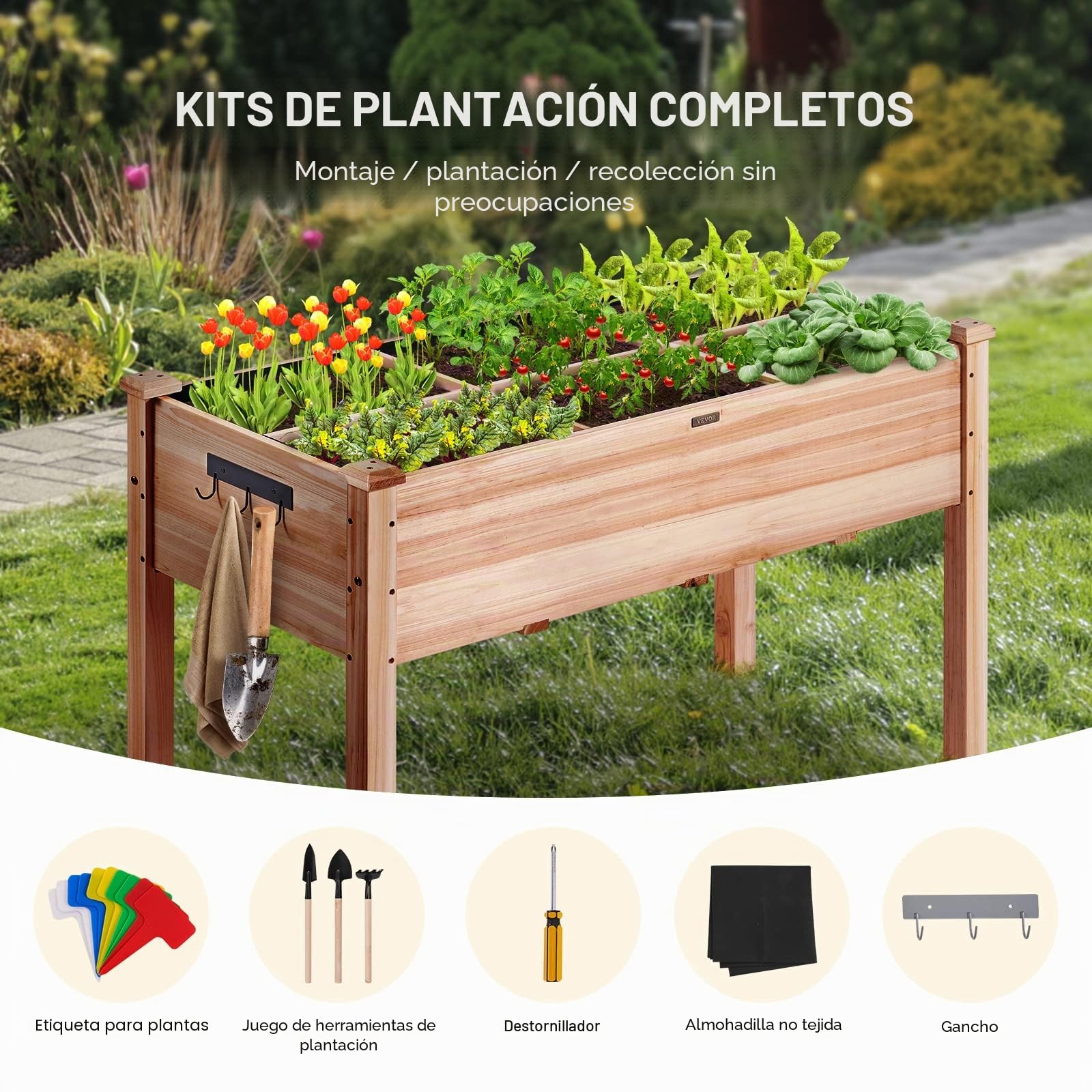 VEVOR Cama de jardín elevada, 4 x 2 x 2 pies, caja de madera elevada para plantar al aire libre con patas, para cultivar flores/verduras/hierbas en patio, jardín, patio, balcón, burlywood