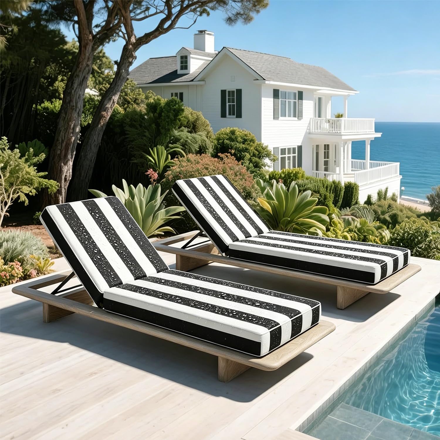 Coussin de Chaise Longue Rayé Imperméable, Bain de Soleil Pliable Épais, Sangles Antidérapantes pour Jardin, Terrasse, Plage et Salon