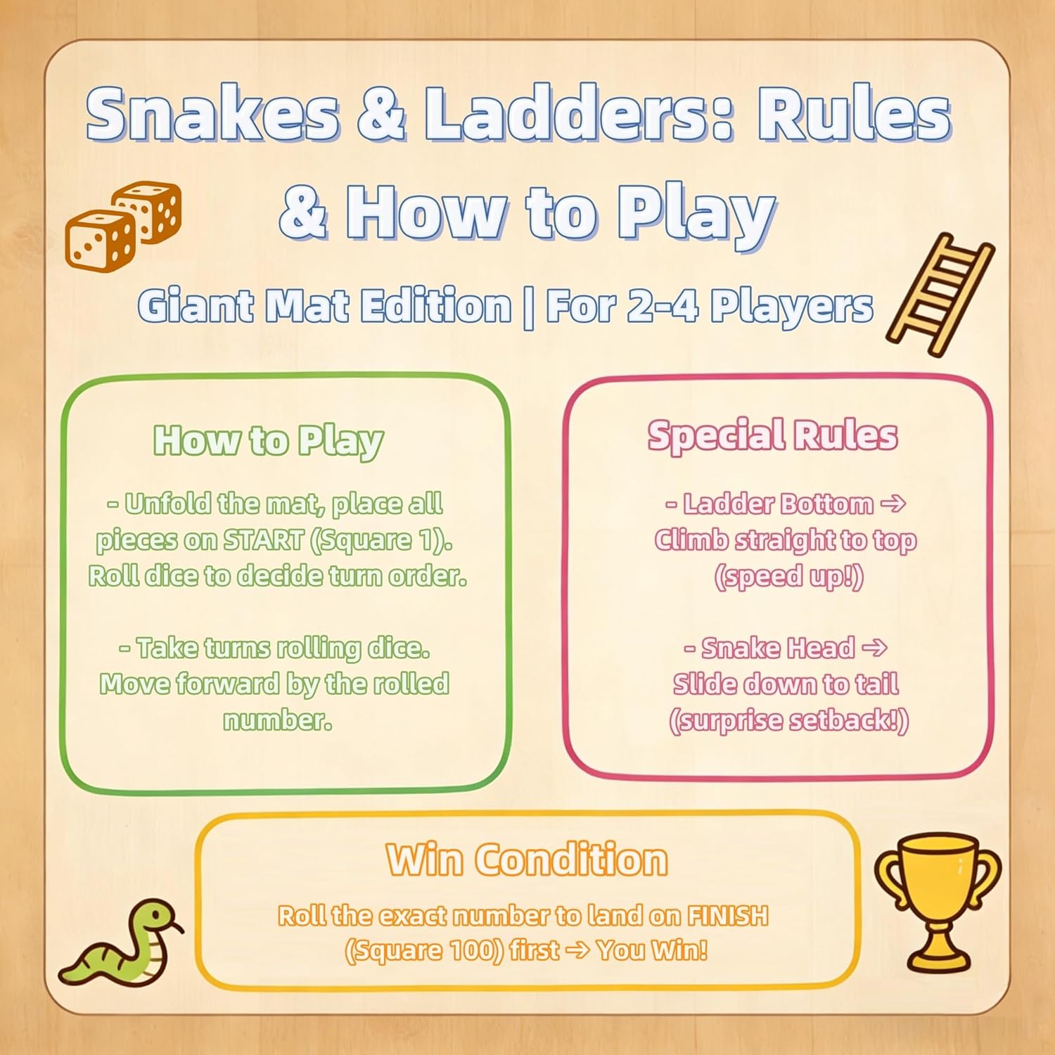 Snakes and Ladders Board Game for Kids and Adults - Extra-Large 5.8 ft Indoor Outdoor Floor Game Mat with Inflatable Dice and Game Pieces, Educational Birthday Toy for Boys and Girls Ages 3+