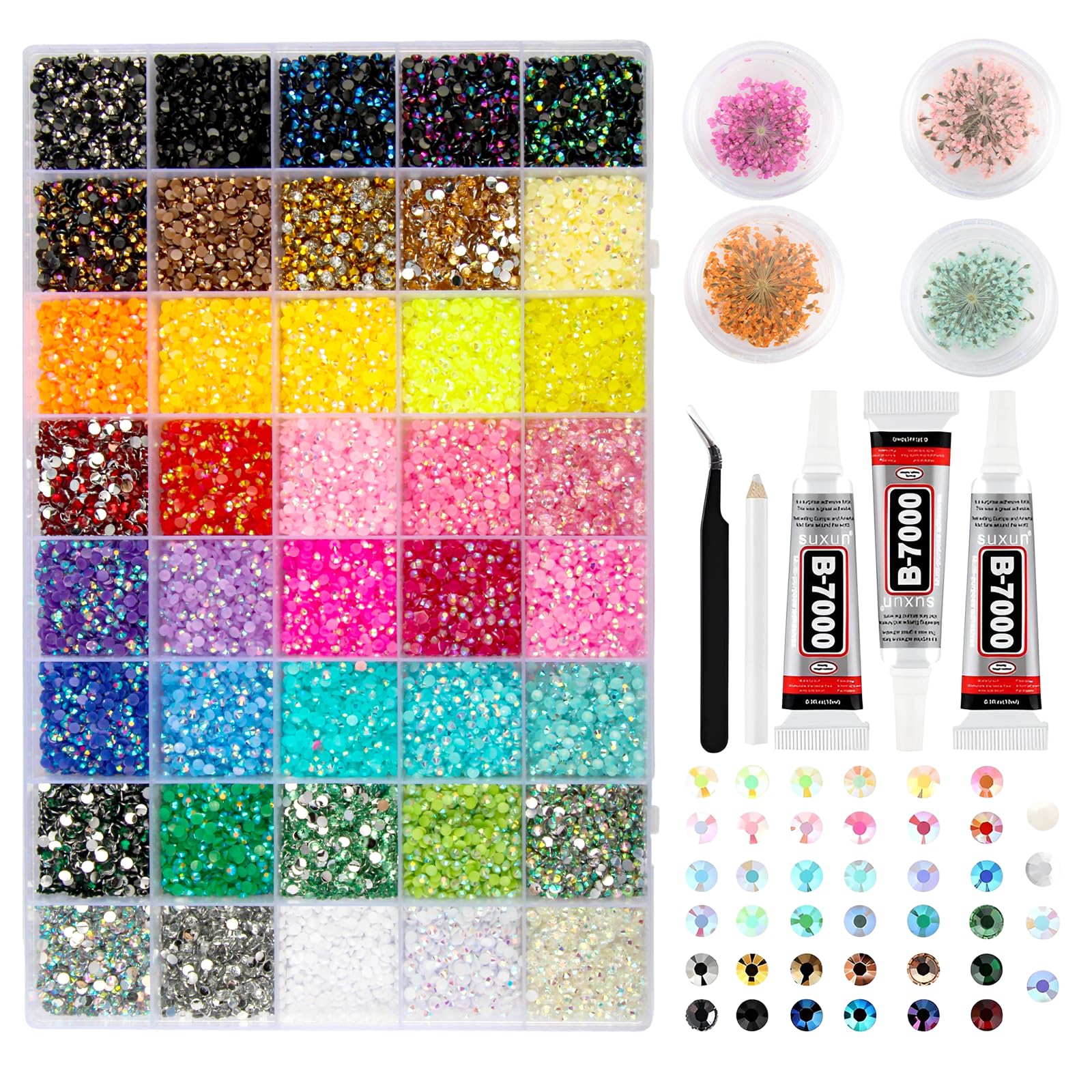 Bedazzling Kit 32000 Stück Strasssteine 40 Farben 3mm Jelly Glitzersteine Bedazzler kit with Glue Bedazzle Set mit Trockenblumen Pinzette Wachsstift für Nägel Handwerk Bücher Handyhüllen