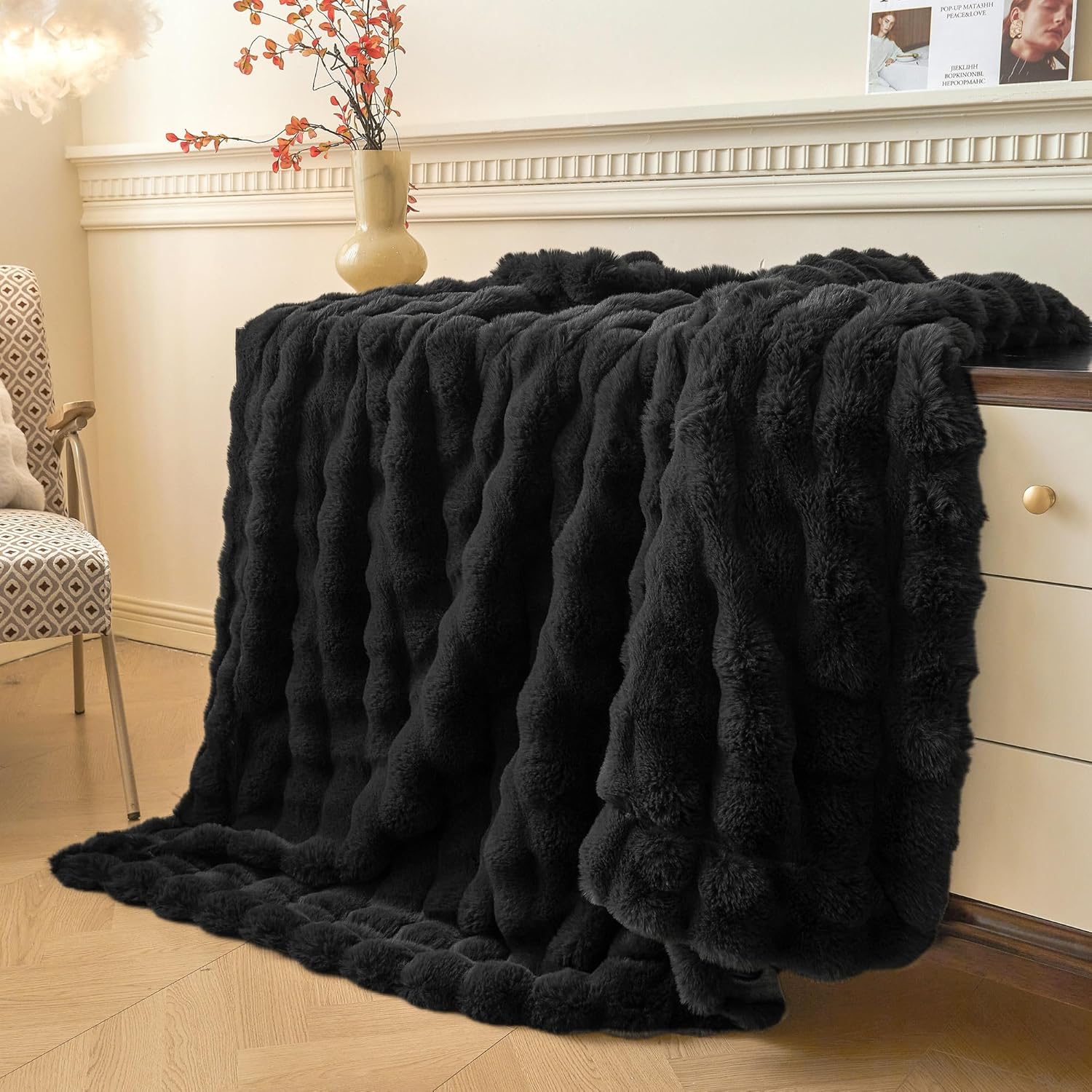 LIFEREVO Luxury Fluffy Faux Rabbit Fur Blanket, Plush Fuzzy Bubble Throw for Couch Sofa, Cozy Comfy Furry Bed Blanket Home Decoration, Aesthetic Shaggy Throw for Bedroom Living Room, 60x90, Black