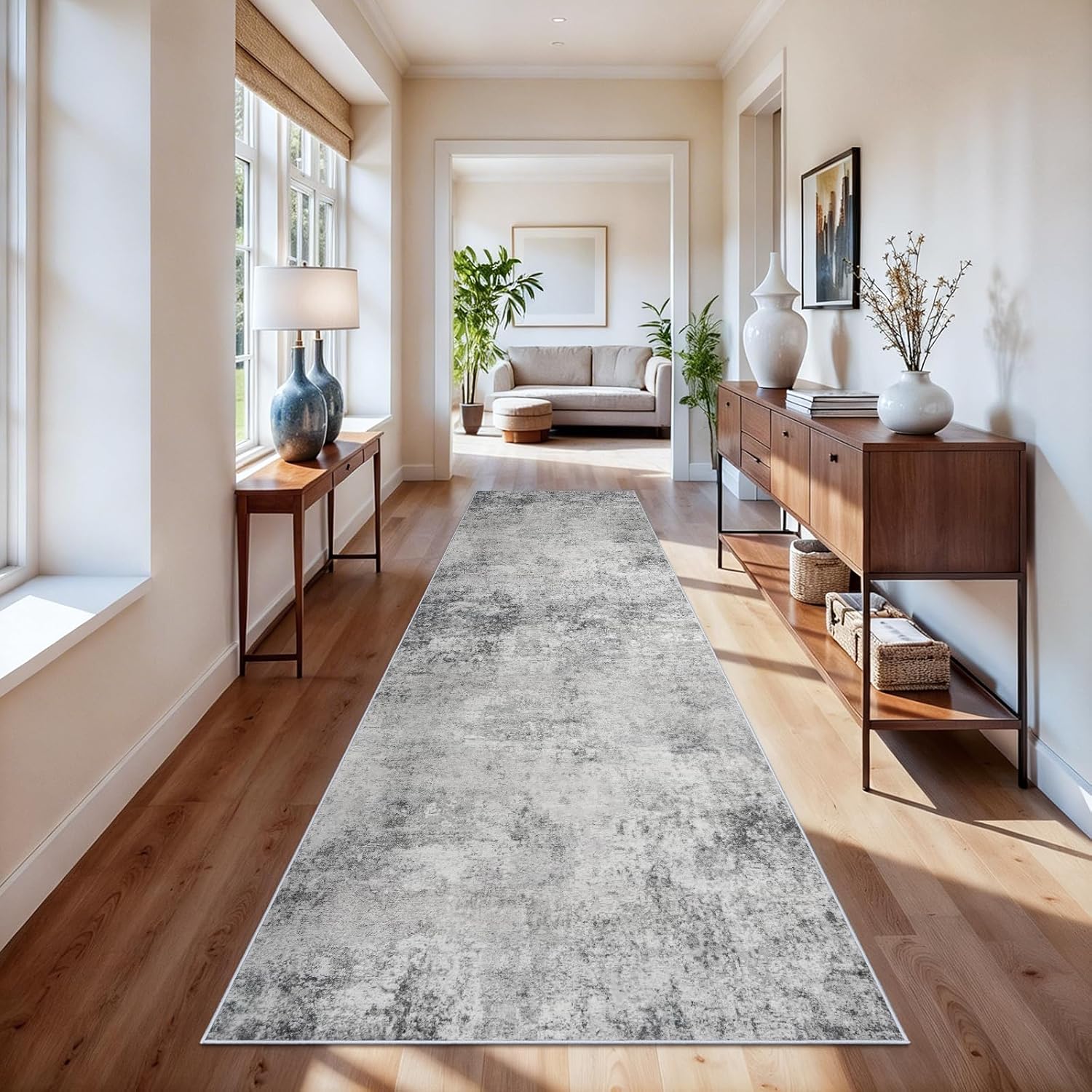 3x14ft Washable Runner Rug for Hallway: Modern Non Slip Wide Carpet for Kitchen Entryway Bathroom - Extra Long Soft Throw Floor Mat Neutral Low Pile Accent Rugs for Boho Home Decor (3x14 Grey)