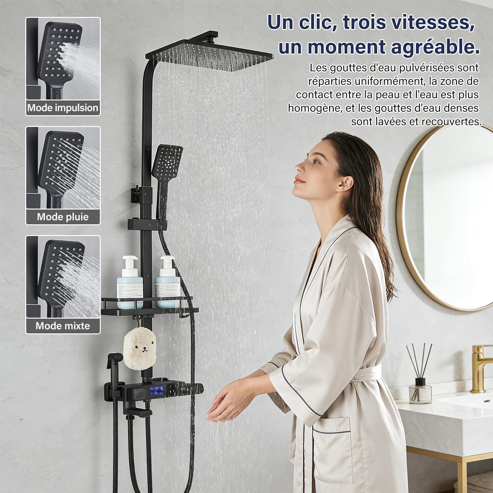 Thermostatique Noir Colonne de Douche avec Mitigeur 38°C Ensemble de Douche avec 4 Fonctions Hauteur Réglable Système de Douche à Tête Carrée avec Douchette à Main pour Salle de Bain