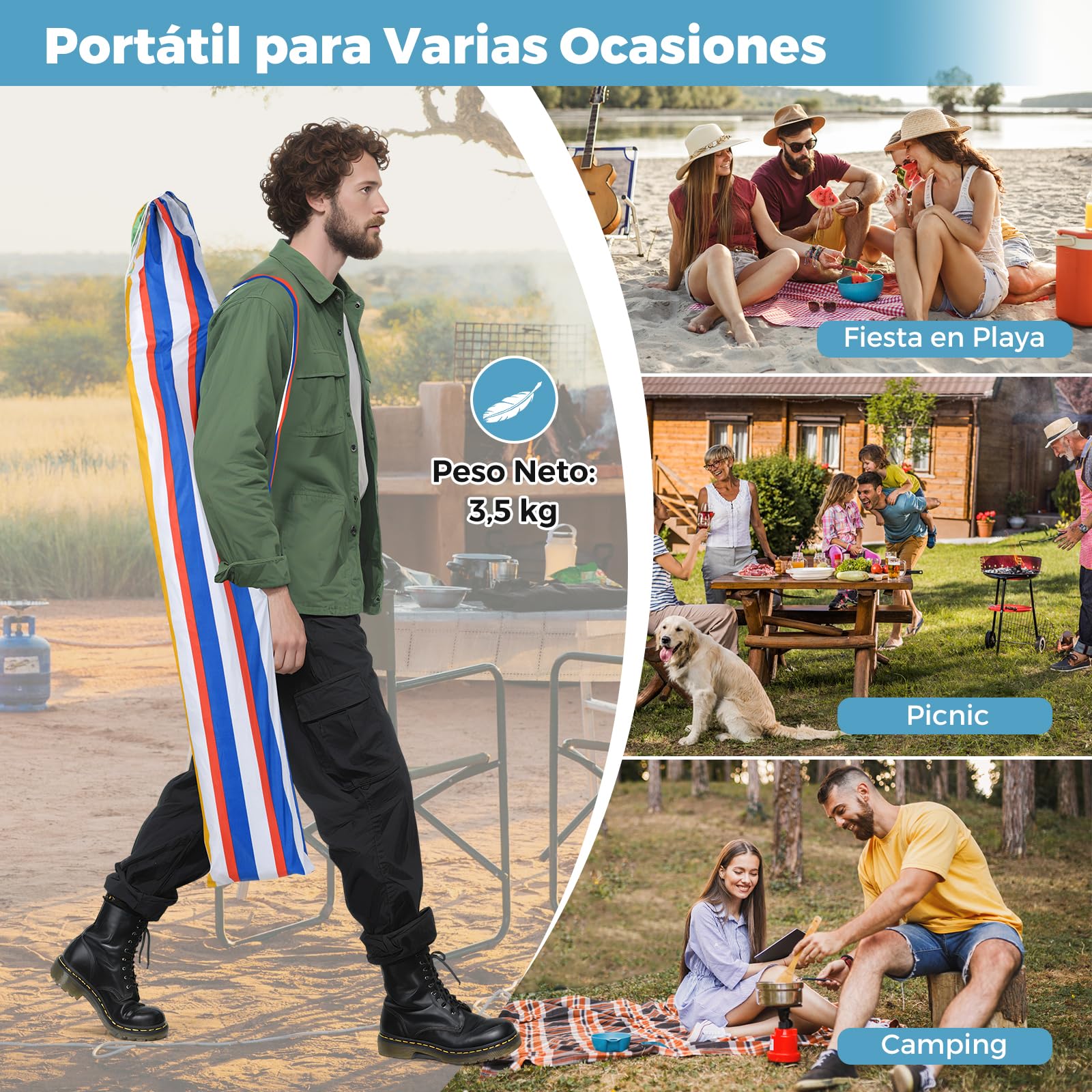 COSTWAY Sombrilla Playa Grande, 200 X 200 CM, Techo Ventilado, Protección Solar, Parasol Jardin Cuadrda con Bolsa De Transporte, 4 Sacos De Arena, Protección Solar Exterior (Colorido)