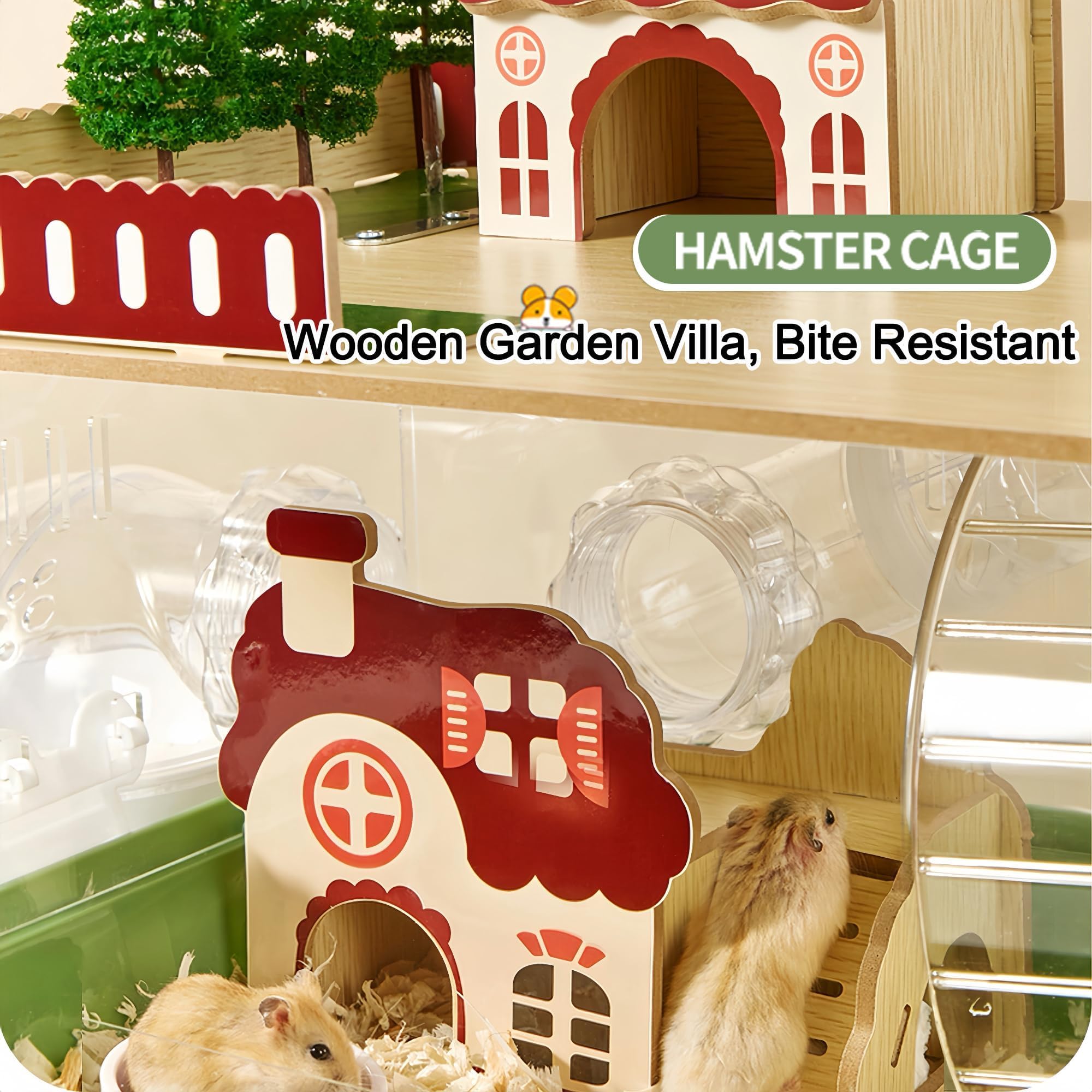 17-in-1 transparenter Acryl-Hamsterkäfig mit allem Zubehör, 34,9 cm L x 25,4 cm B x 53,3 cm H, Zwerghamsterkäfig, magnetische Verbindung, kleines Hamstergehege, Garten-Stil, Holzkäfig für