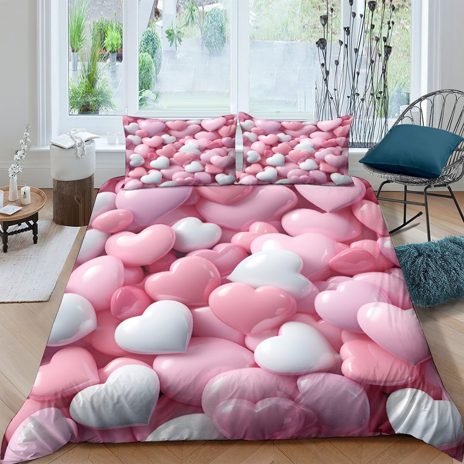 Ctjqhvkz Style-8 3D Printed Pink Heart Fitted Sheet Microfiber Soft Breathable White Heart Mattress Cover For Bedroom Dorm Decor Single（135X200cm）
