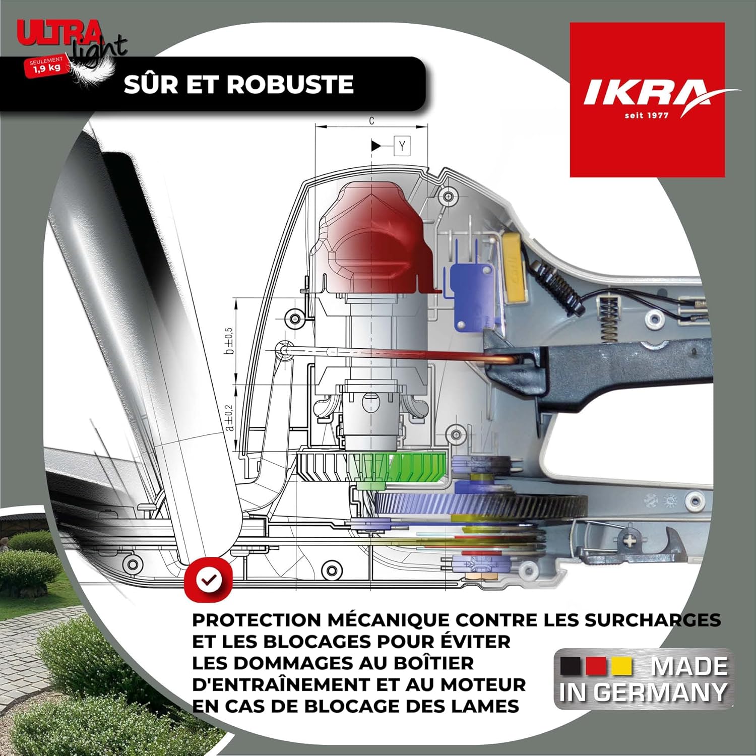 Internal diagram of the hedge trimmer showing mechanical overload protection to prevent damage to the drive housing and motor in case of blade blockage.