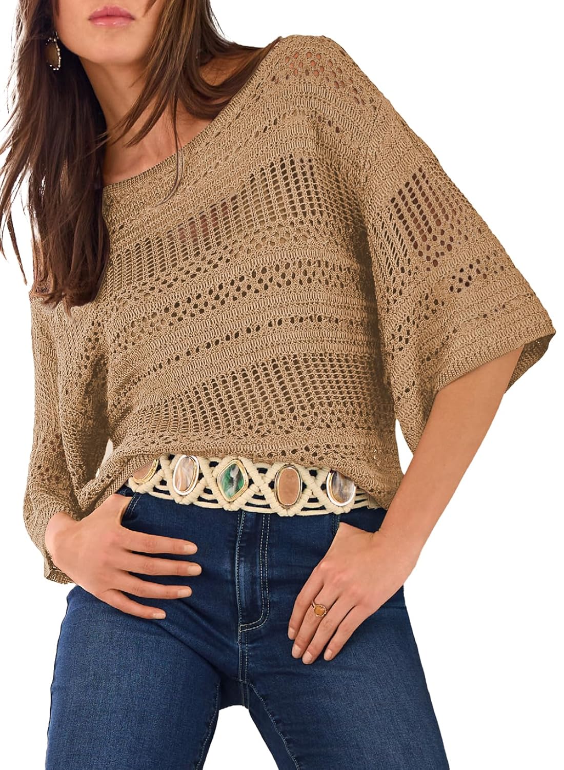 EVALESS Womens Spring Summer Tops 2026 Fashion Trendy Casual Half Sleeve Crochet Hollow Out Sweaters Beach Vacation Clothes