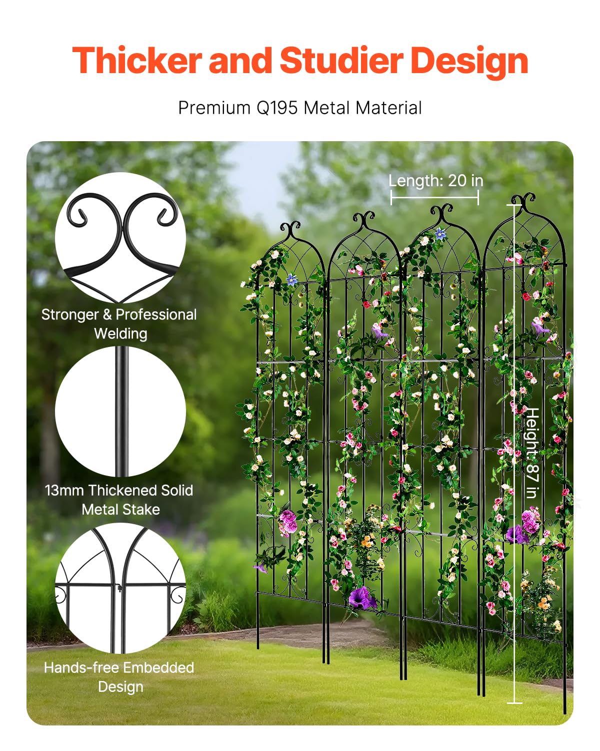 VEVOR Enrejado de Metal para Plantas Trepadoras 51 x 220 cm Soporte para Rosas Trepadoras 4 Piezas Arco para Enredaderas Soporte para Pepinos Decorativo para Clemátides para Patio, Césped, Jardín