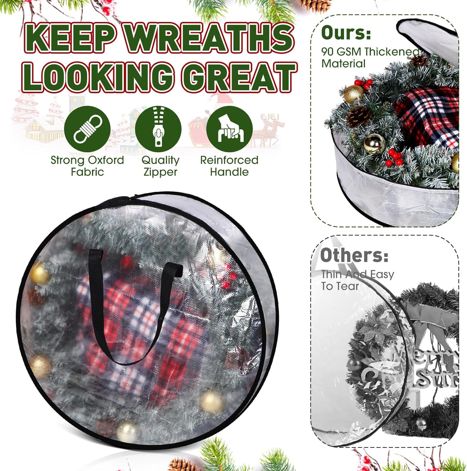 5 Pack Christmas Storage Bags, 9 Ft Christmas Tree Large Bag, 24" Wreath Containers and 25" Garland Packing Tote Moving Bags with Handle Zipper for Artificial Xmas Tree Wreath Garland