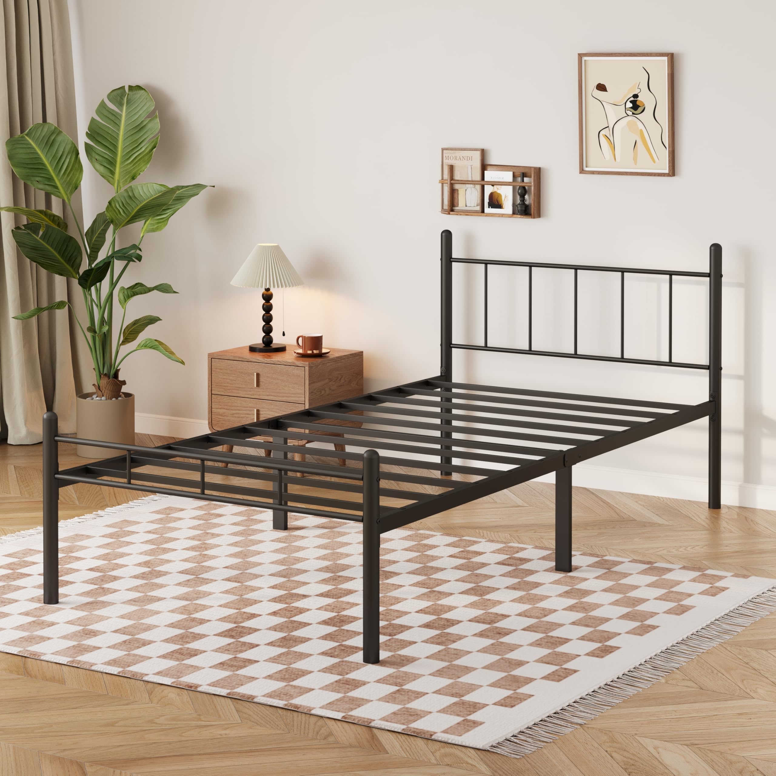 14 Inch Twin XL Size Bed Frame No Box Spring Needed,Heavy Duty Metal Platform with headboard and Footboard, Noise Free, Sturdy Steel Slat Support, Easy Assembly(Black)