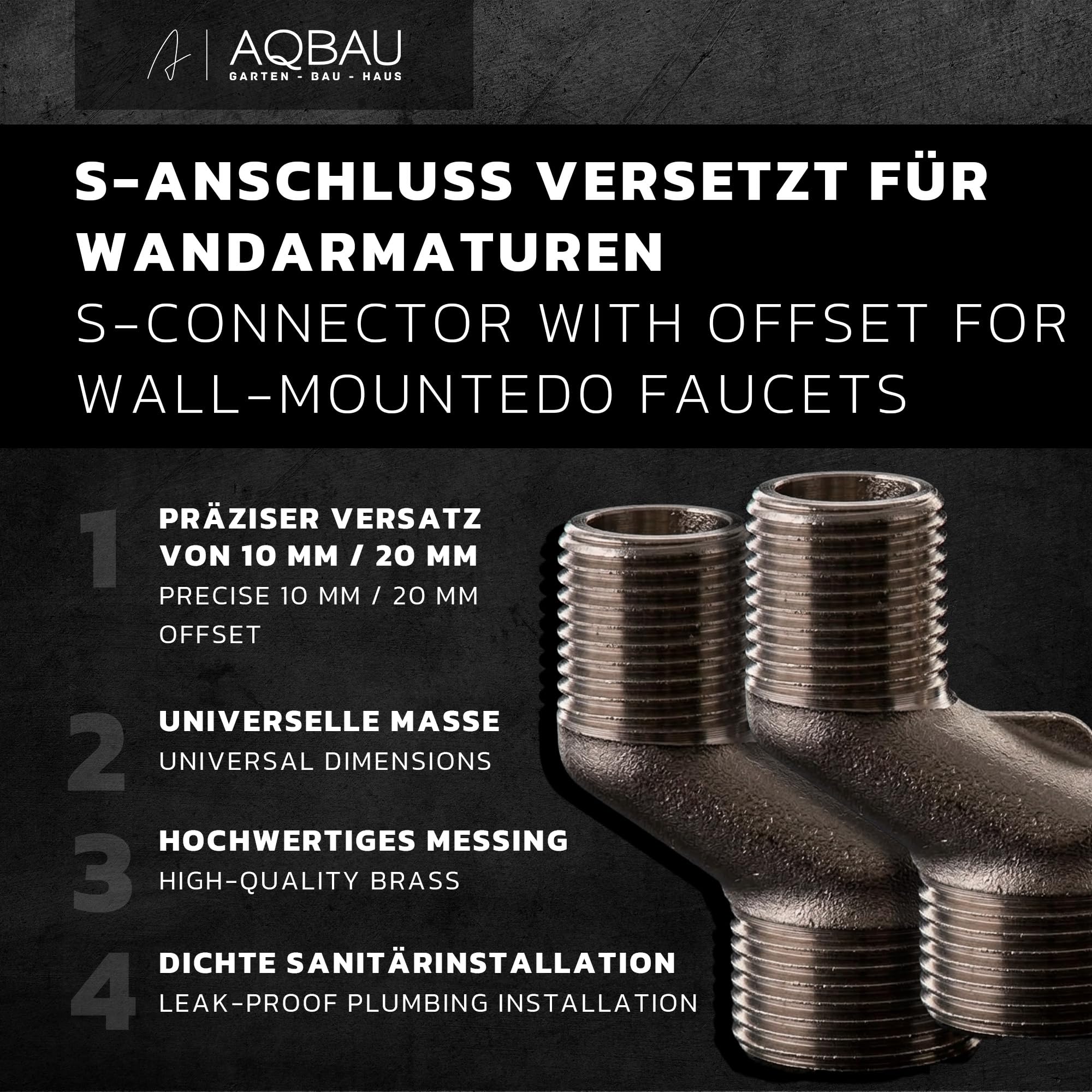 2 Stück S-Anschluss 1/2 x 3/4 Zoll, 20 mm Exzenter aus Messing | Für Wandarmaturen in Bad Dusche Küche und Badewanne