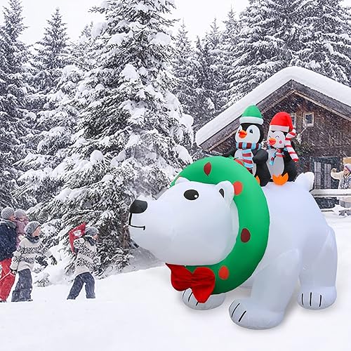 Vista 8 de Oso polar inflable gigante de Navidad de 8 pies para exteriores, inflables de Navidad con luces LED para decoración de patio, Navidad, decoración