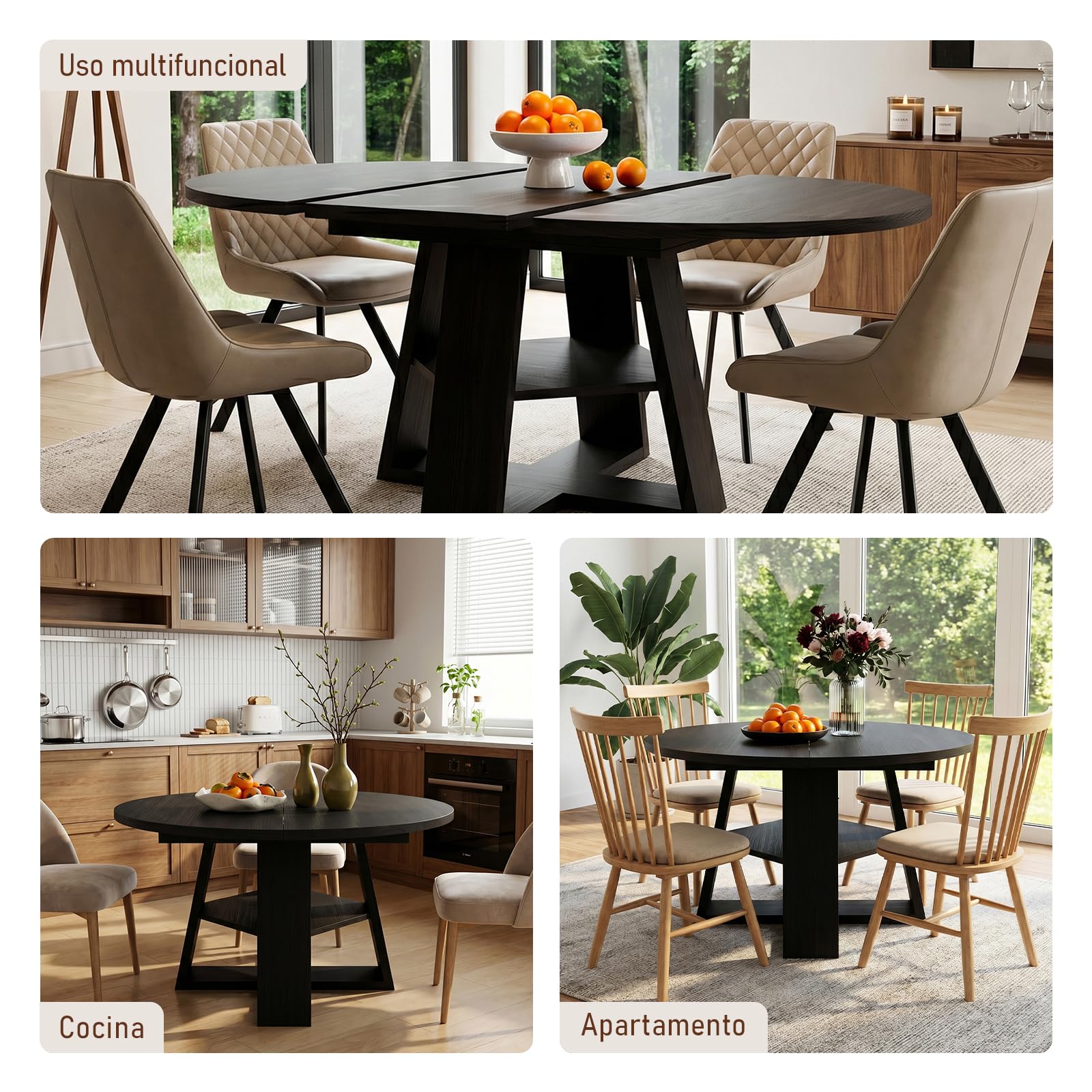 Comedor Mesa Extensible Redonda Madera con Estante, para 6-8 Personas