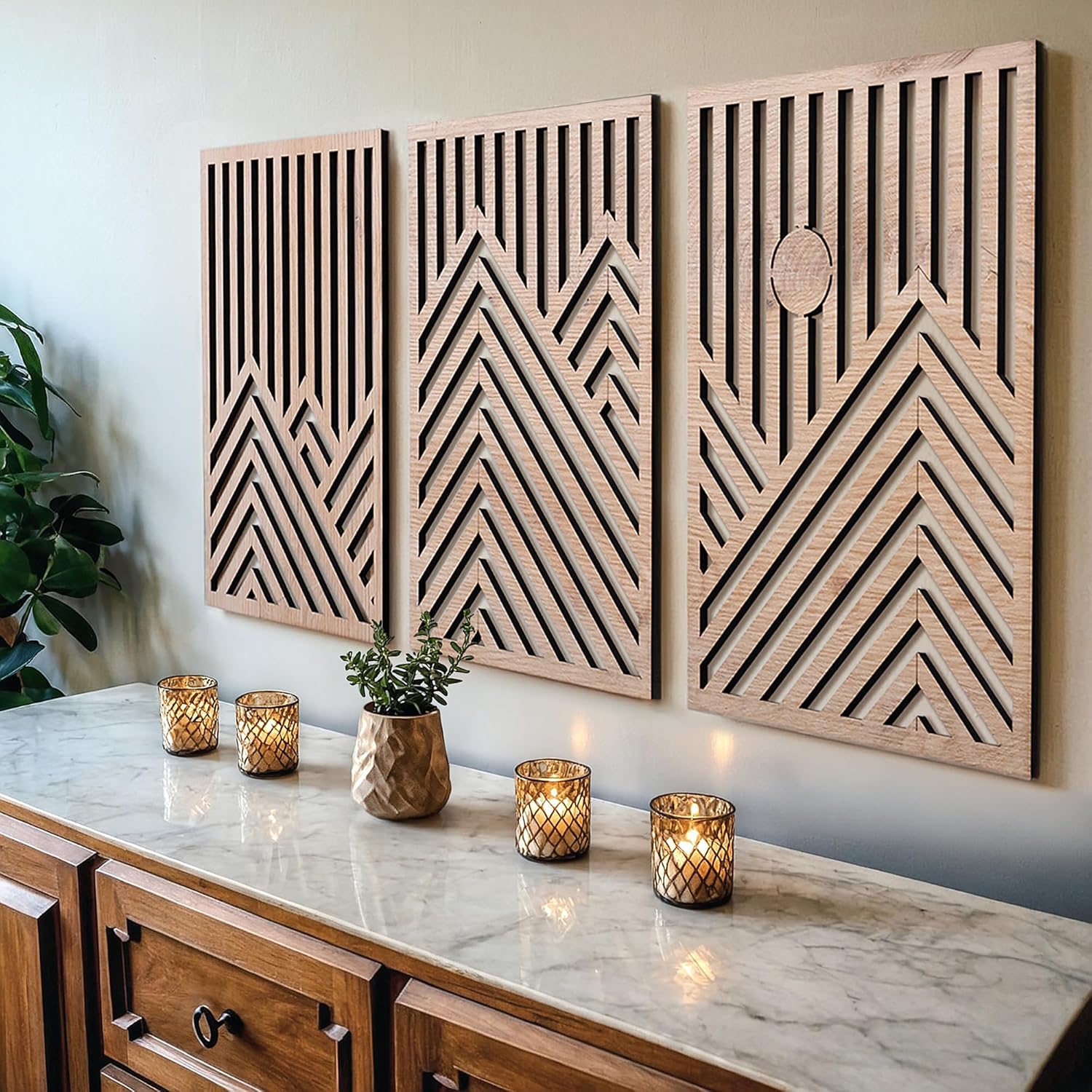 qmmp modern wooden wall sculptures - set of 3 - mdf - oak - home decor accent - large wall art for living room, bedroom, office - easy installation (oak, large - mountain and sun, unframed) oak unframed large - mountain and sun