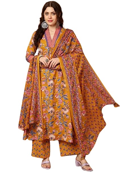 Avayayat Women's Cotton Blend Anarkali Printed Kurta with Palazzo & Dupatta Yellow