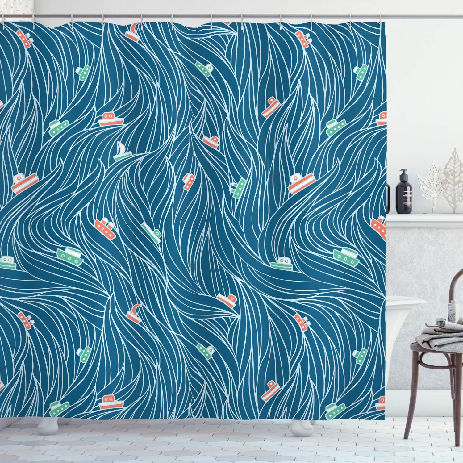 ABAKUHAUS Nautical Shower Curtain, Waves Ships Cartoon Nautical Sailboat Vacations Travel Pattern, Cloth Fabric Bathroom Decor Set with Hooks, 86 Inches Extra Long, Petrol Blue Jade Green — image 1