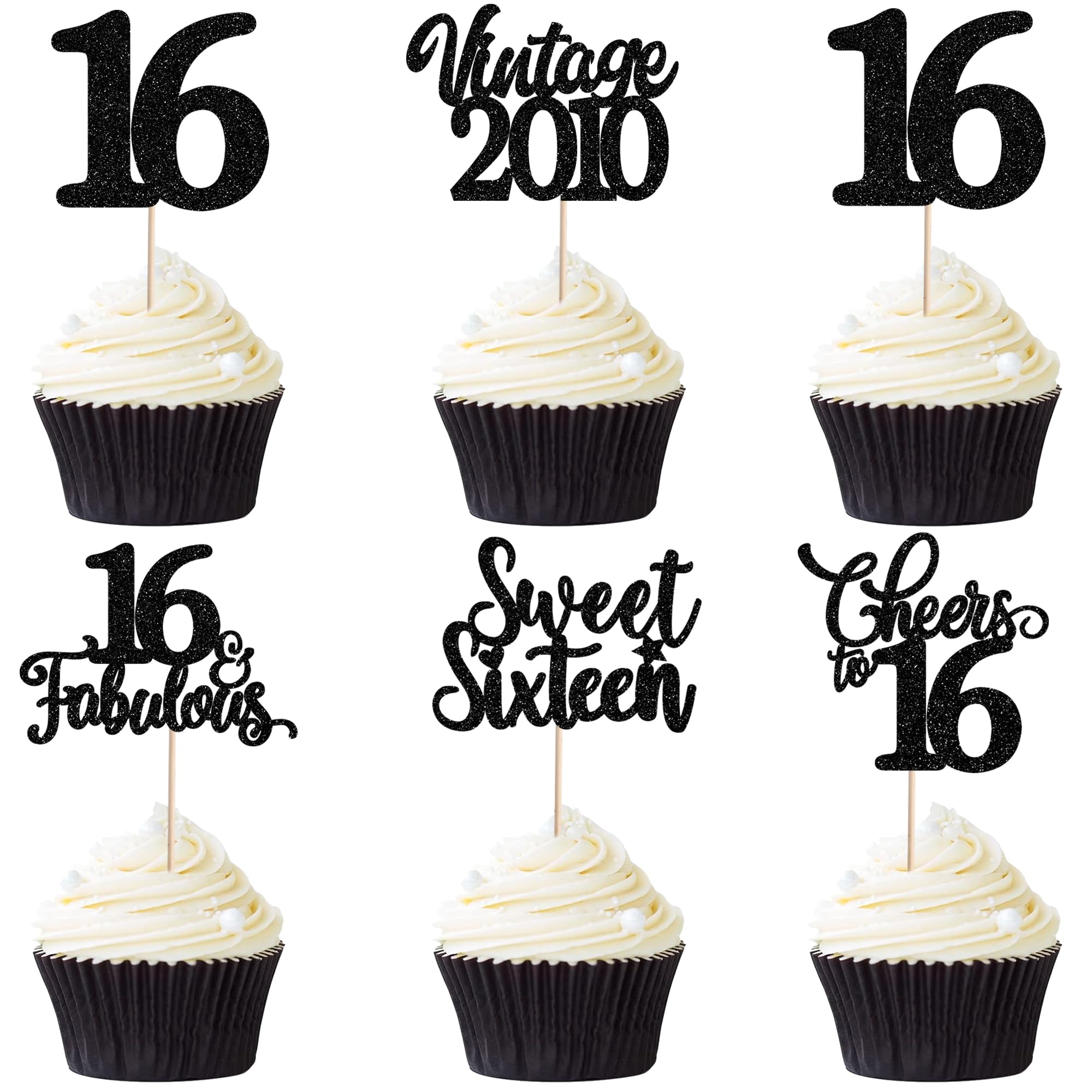 30 Pack Happy 16th Birthday Cupcake Toppers Hello 16 Cheers to 16 Years Cupcake Picks Vintage 2010 Sweet Sixteen Bday Party Decorations for 16th Birthday Party Cake Black