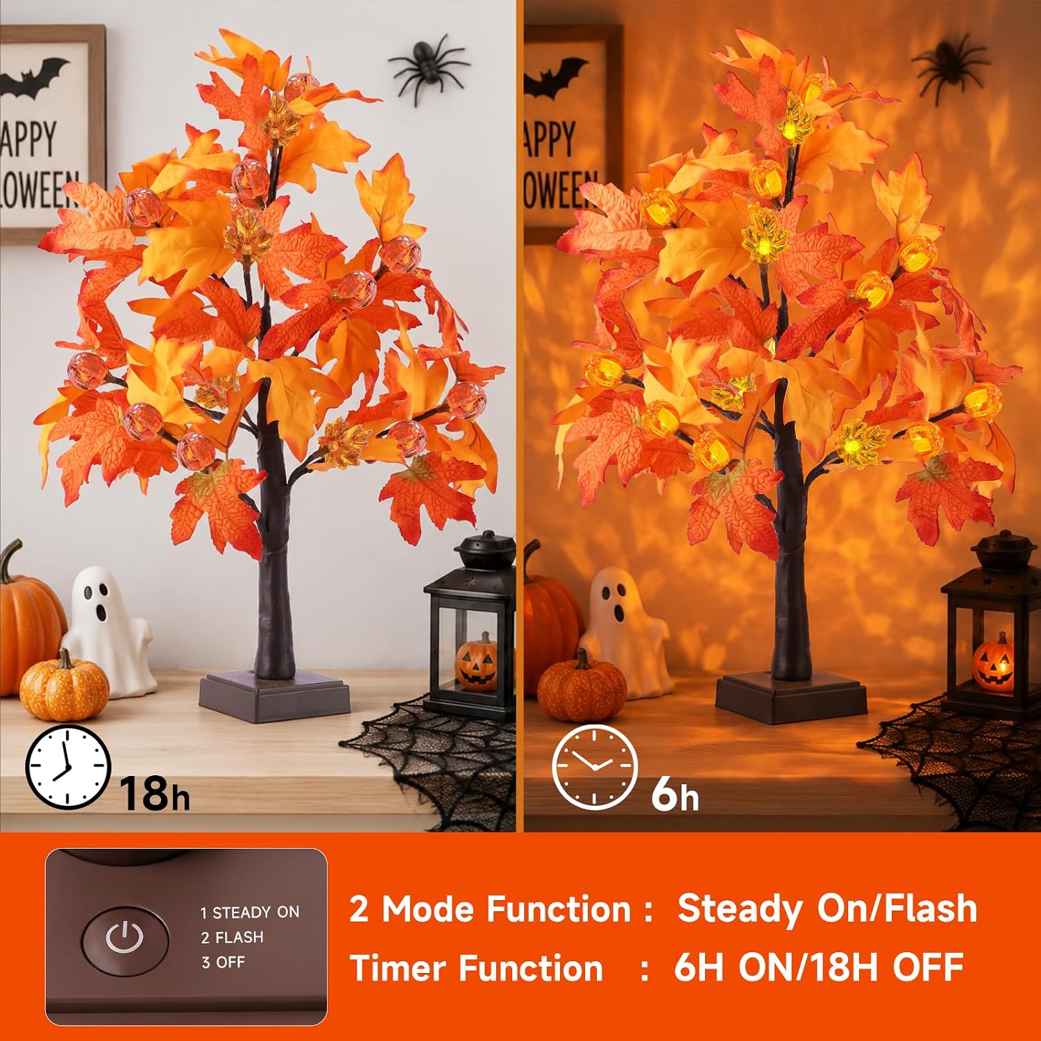2Pack Fall Lighted Tree with 48 LEDs Battery Operated,Fall Decorations Light Up Artificial Pumpkins Maple Acorn Tree for Fall Thanksgiving Table Harvest Home Indoor Decoration (2 Pack)