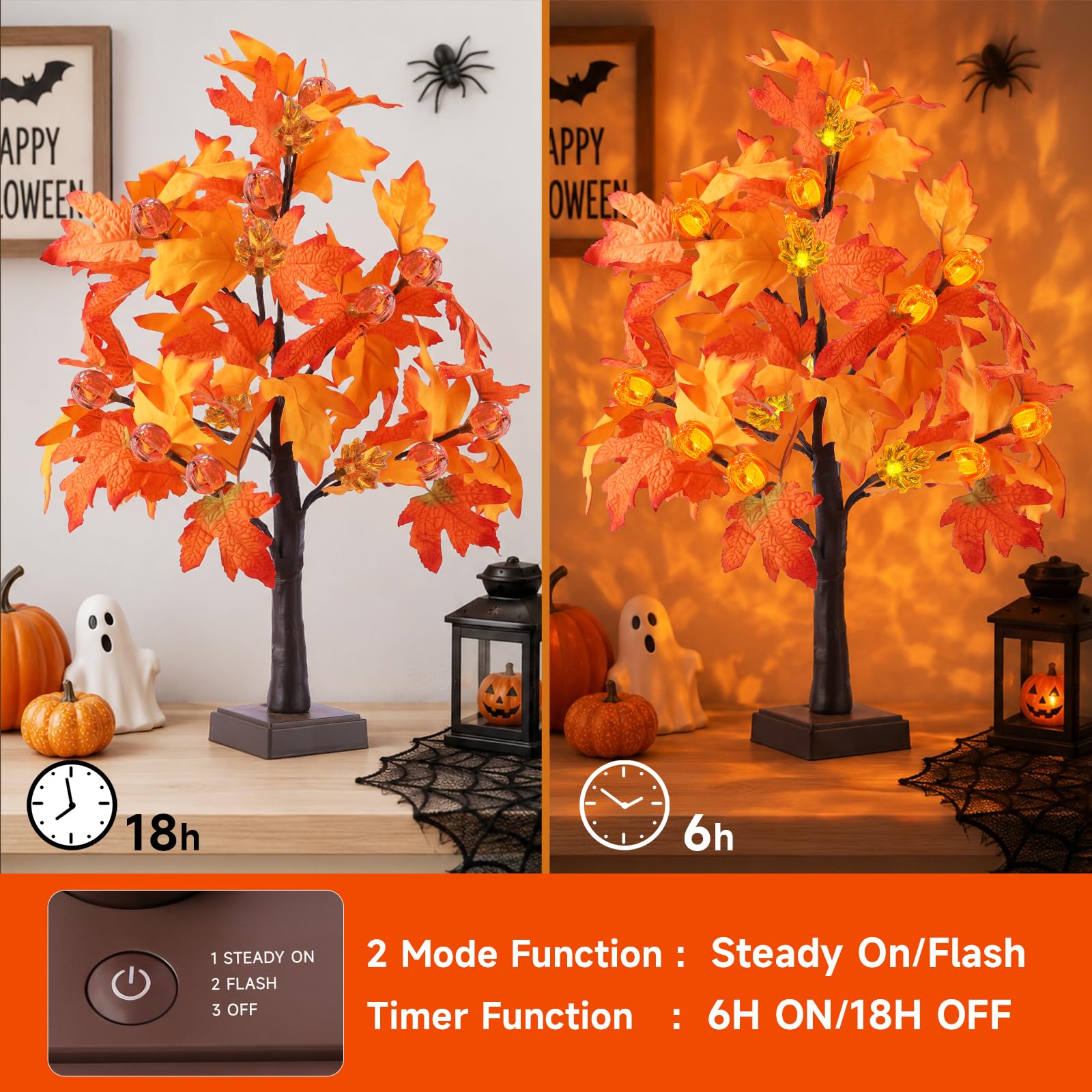 Confezione da 2 alberi illuminati autunnali da 61 cm con 48 LED a batteria, decorazioni autunnali che si illuminano con zucche artificiali, albero di ghianda per autunno, Ringraziamento, tavola