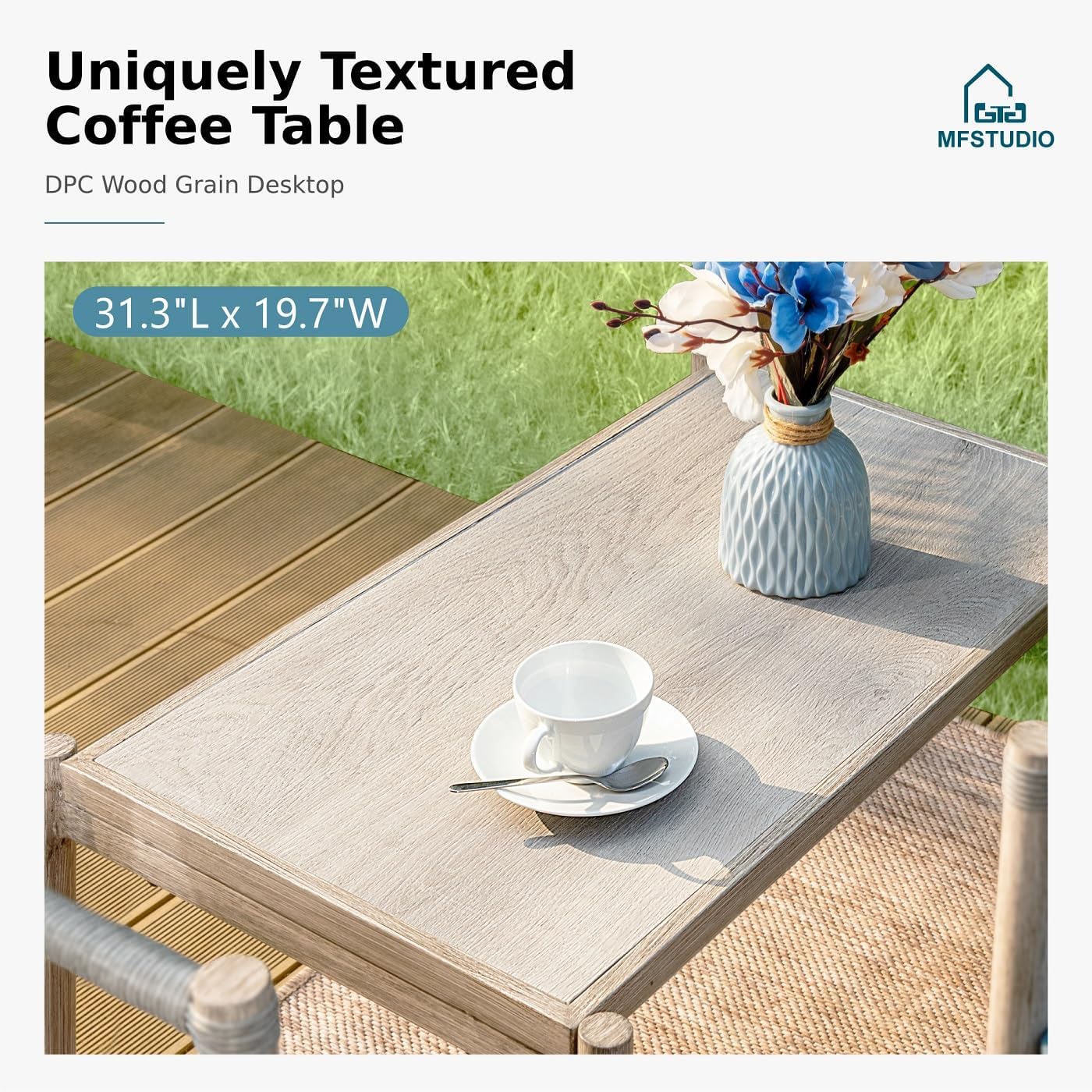 MFSTUDIO 4 Pieces Patio Furniture Set, All-Weather Metal Frame Outdoor Conversation Sets with Wicker Backrest, Rattan Armrest Patio Sectional Sofa Set with Coffee Table for Garden(Blue Cushion)