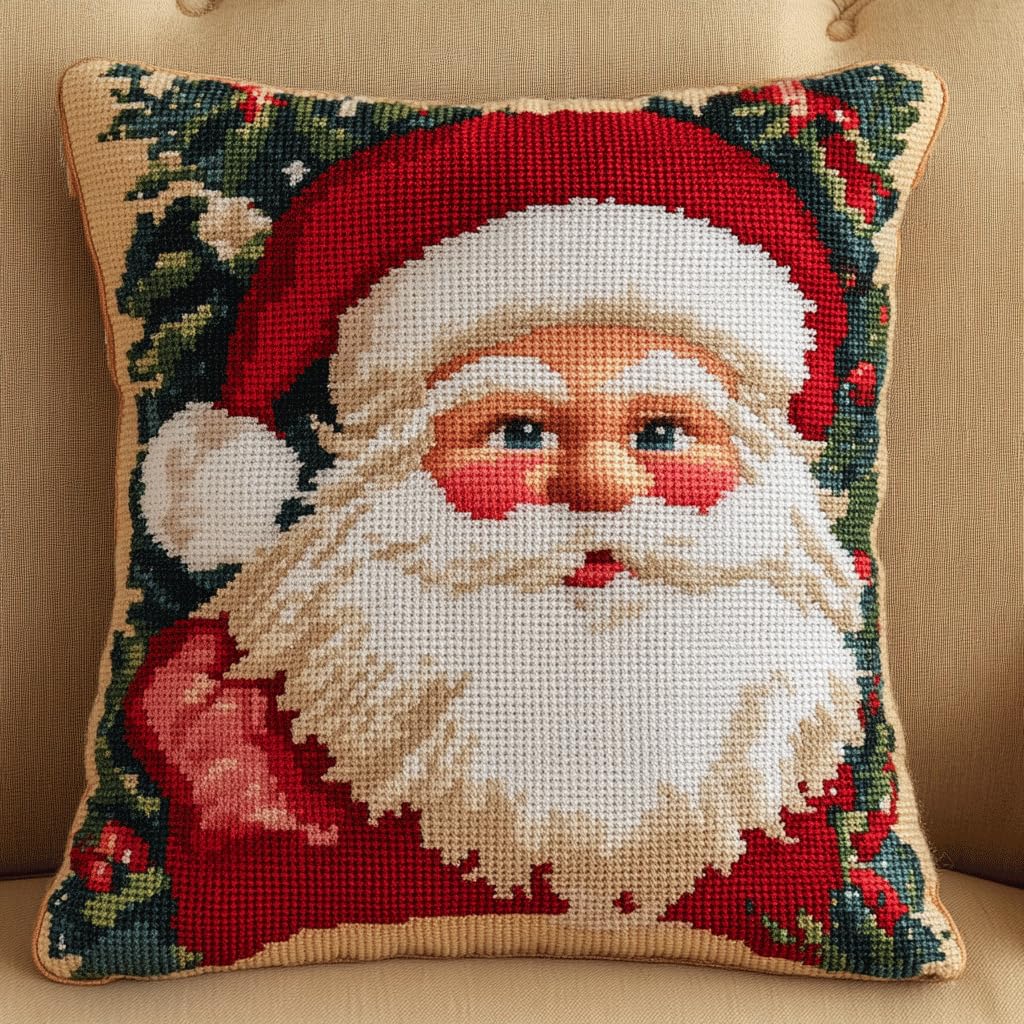 ASONGLINGO Latch Hook Kits Pillow Santa Claus Throw Pillow Pre-Printed Patterns Pillowcase Needlework Crochet Yarns Latch Hooking Cushion 17x17inch