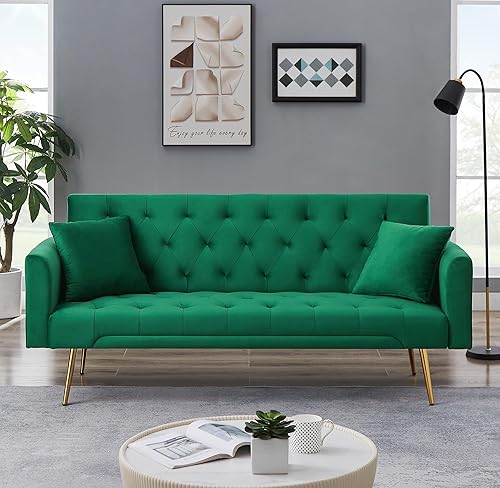 72"Modern Velvet Sofa Bed Futon,Convertible Folding Sleeper Bed Couches with 3 Adjustable Backrests,Tufted Recliner Love Seat with Golden Chrome