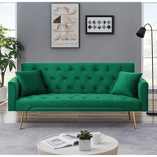 72"Modern Velvet Sofa Bed Futon,Convertible Folding Sleeper Bed Couches with 3 Adjustable Backrests,Tufted Recliner Love Seat with Golden Chrome Legs for Living Room Apartment Office (Green+pillows)