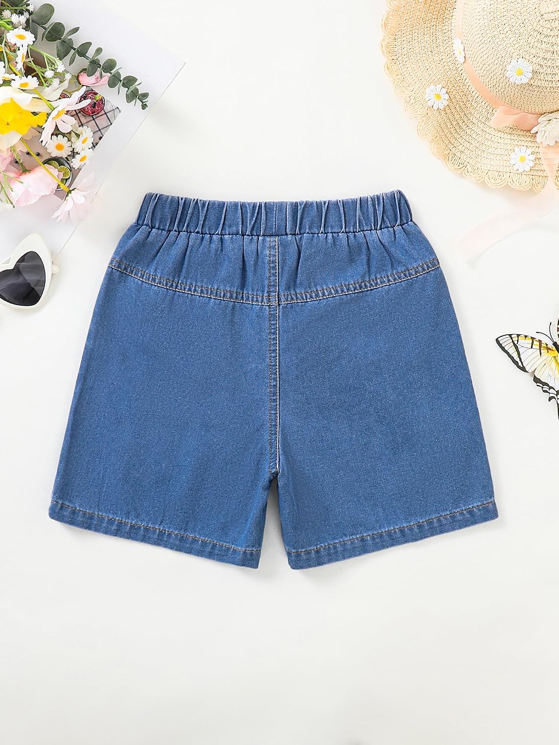 Girls Denim Shorts Cute Butterfly Embroidery Elastic High Waist Summer Jean Shorts
