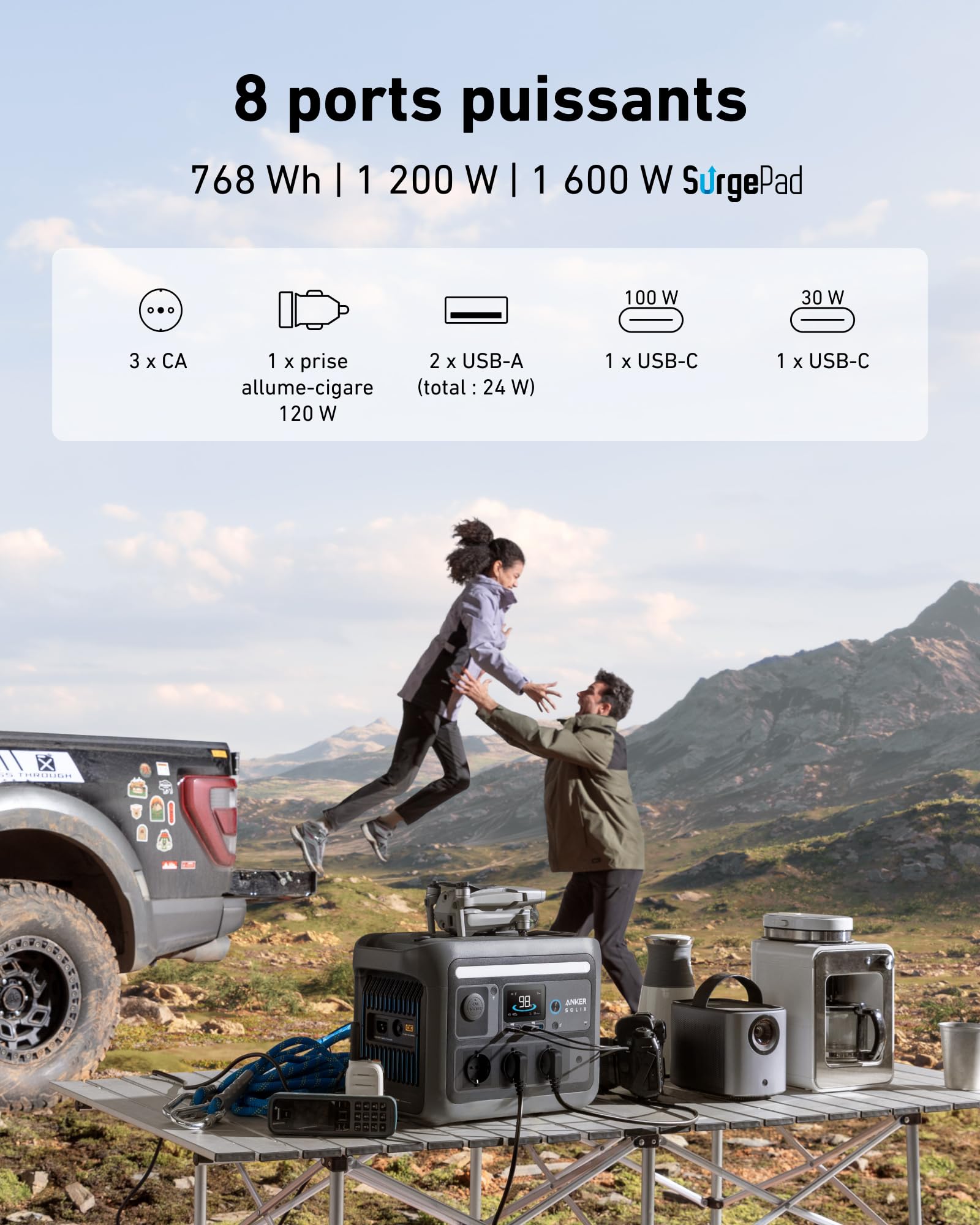 Anker SOLIX C800 Plus Station électrique Portable, générateur Solaire 1 200 W (1 600 W Max.) et Lampes de Camping, Recharge 58 Min, Batterie LiFePO4 768 Wh, Voyage, Maison (Panneau Solaire en Option)
