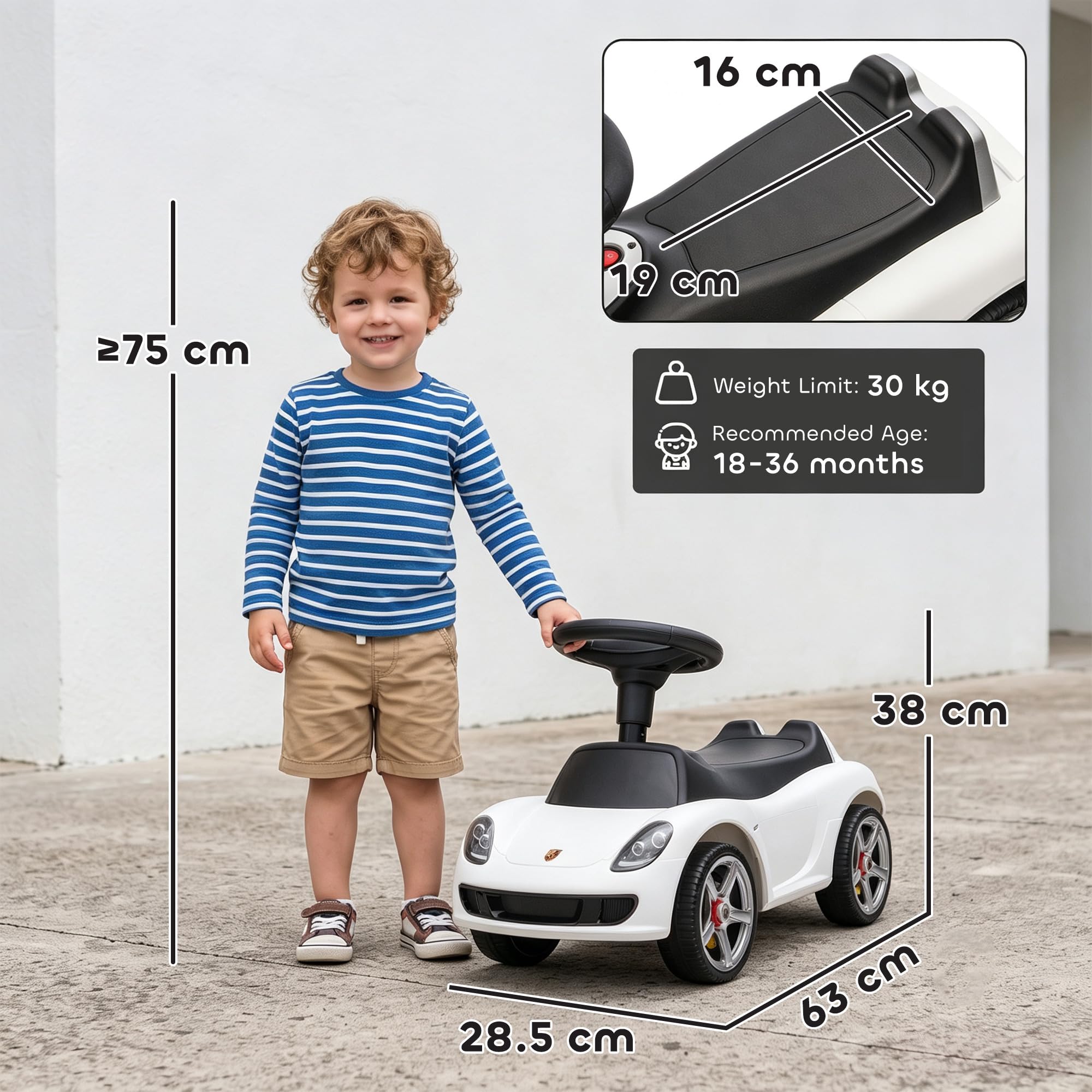 AIYAPLAY jeździk Porsche dla dzieci z klaksonem, światłami i dźwiękiem rozruchu, 18–36 miesięcy, biały
