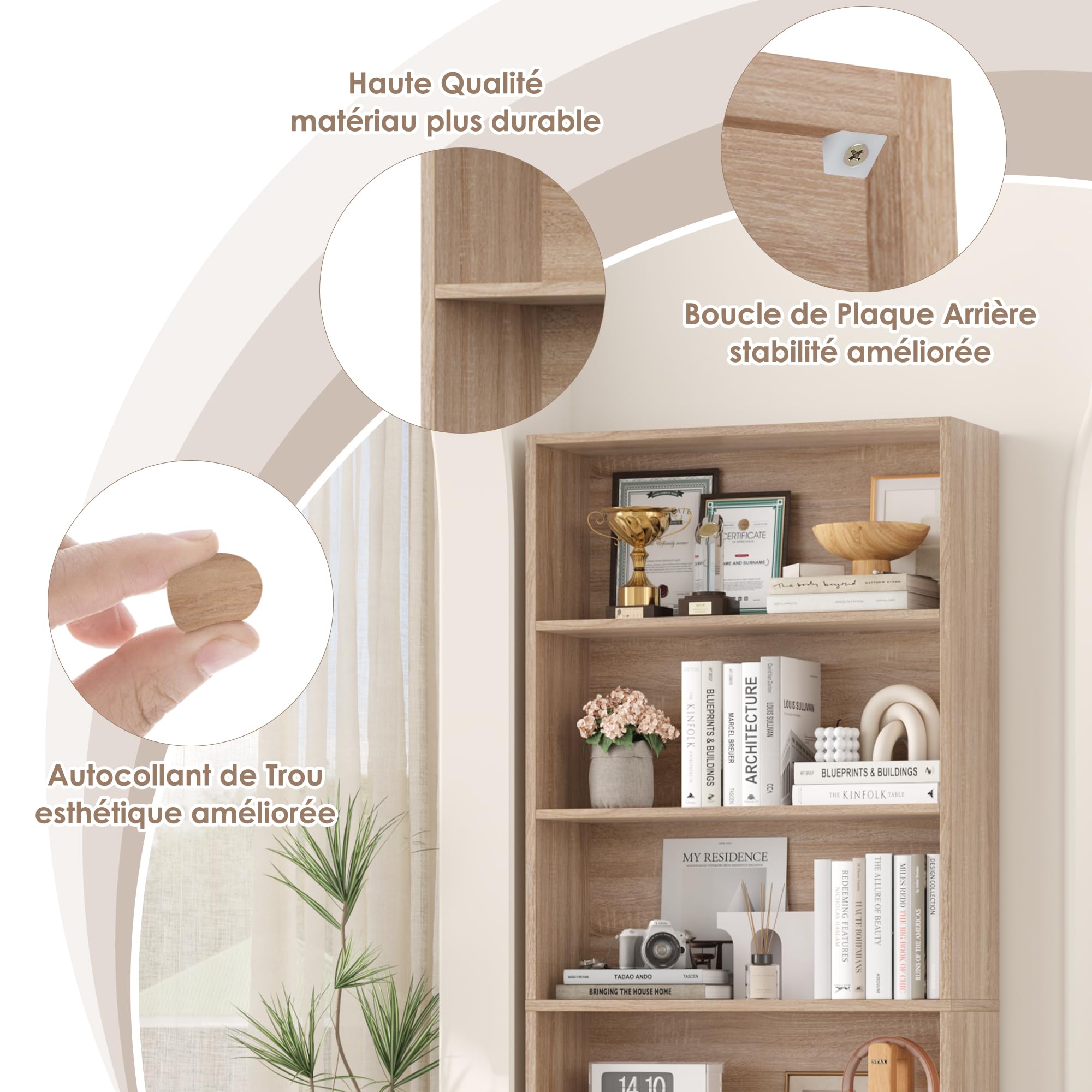 FirFurd Bibliothèque Étagère à 6 Niveaux Haut Meuble de Rangement Chêne | 180x60x23,5cm, Bibliotheque étagères de Rangement ouverte, Colonne, Bibliothèques pour salon bureau chambre,appart,coins