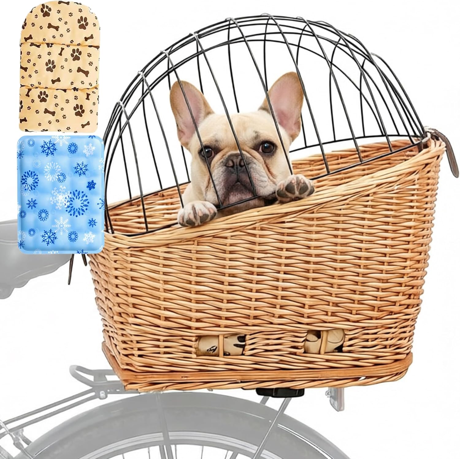 Dog Bike Basket Natural Wicker Rattan Pet Bicycle Carrier for Small Dogs Cats Fits Rear Luggage Rack Up to 20 lbs, Secure & Comfortable