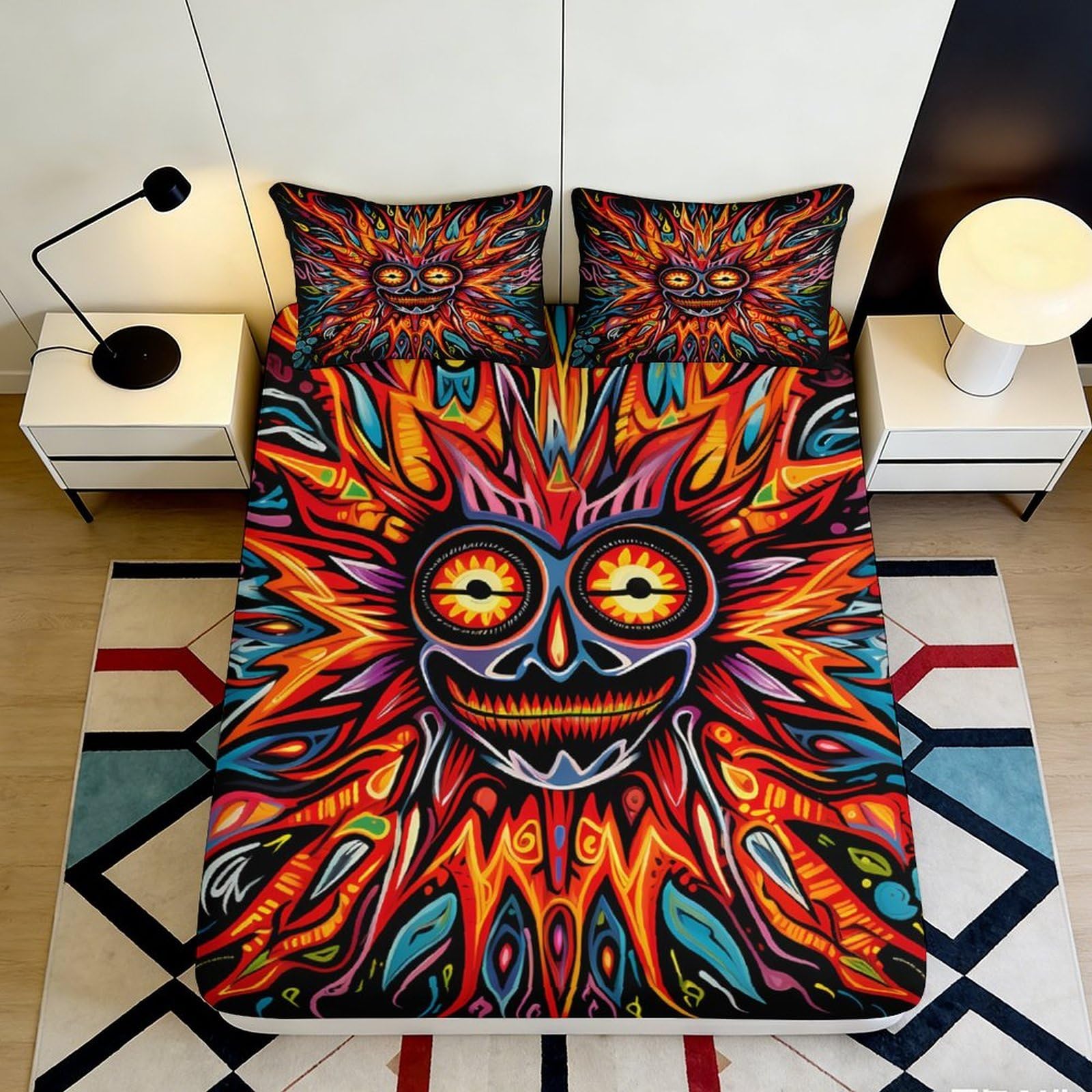 Pnayamiorkfel Style-6 3D Printed Psychedelic Sun Fitted Sheet Microfiber Vibrant Skull Bed Cover For Bedroom Dorm Mattress Decoration 90X200x25cm