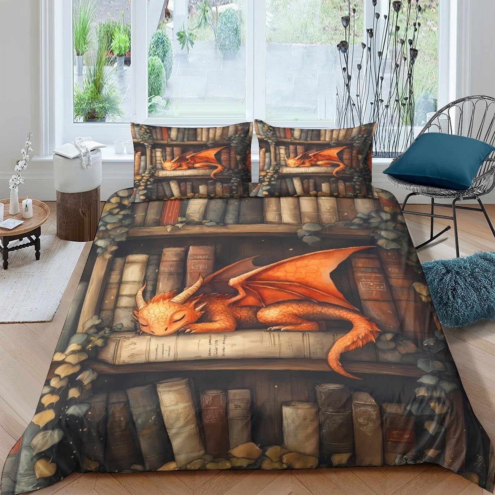 Ctjqhvkz Style-3 3D Printed Fantasy Dragon Fitted Sheet Microfiber Soft Breathable Library Books Mattress Cover For Bedroom Decor Single（135X200cm）
